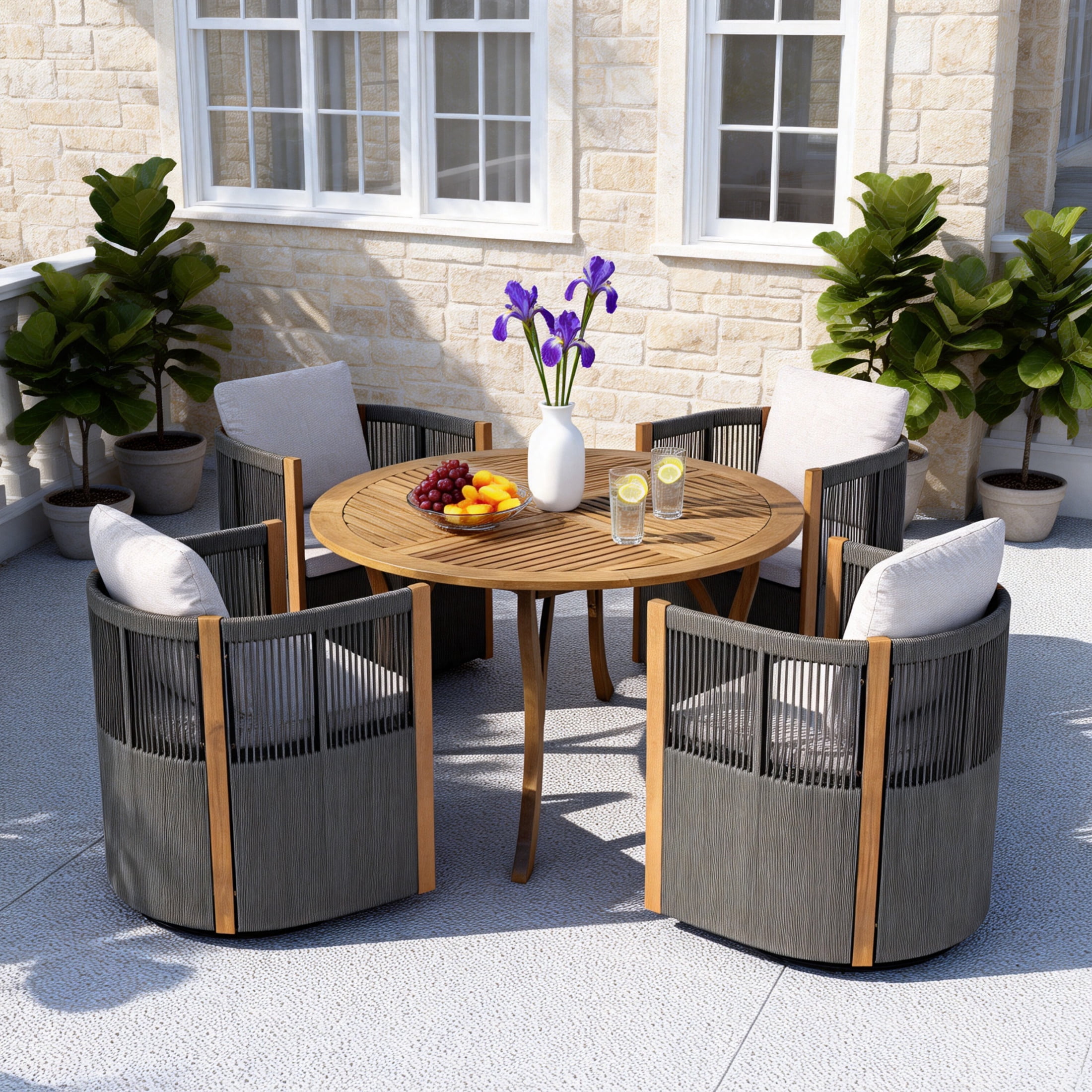 Christopher Knight Home 5 Piece Patio Dining Set, Swivel Rope Chairs and Round Table with Curved Legs, Gray