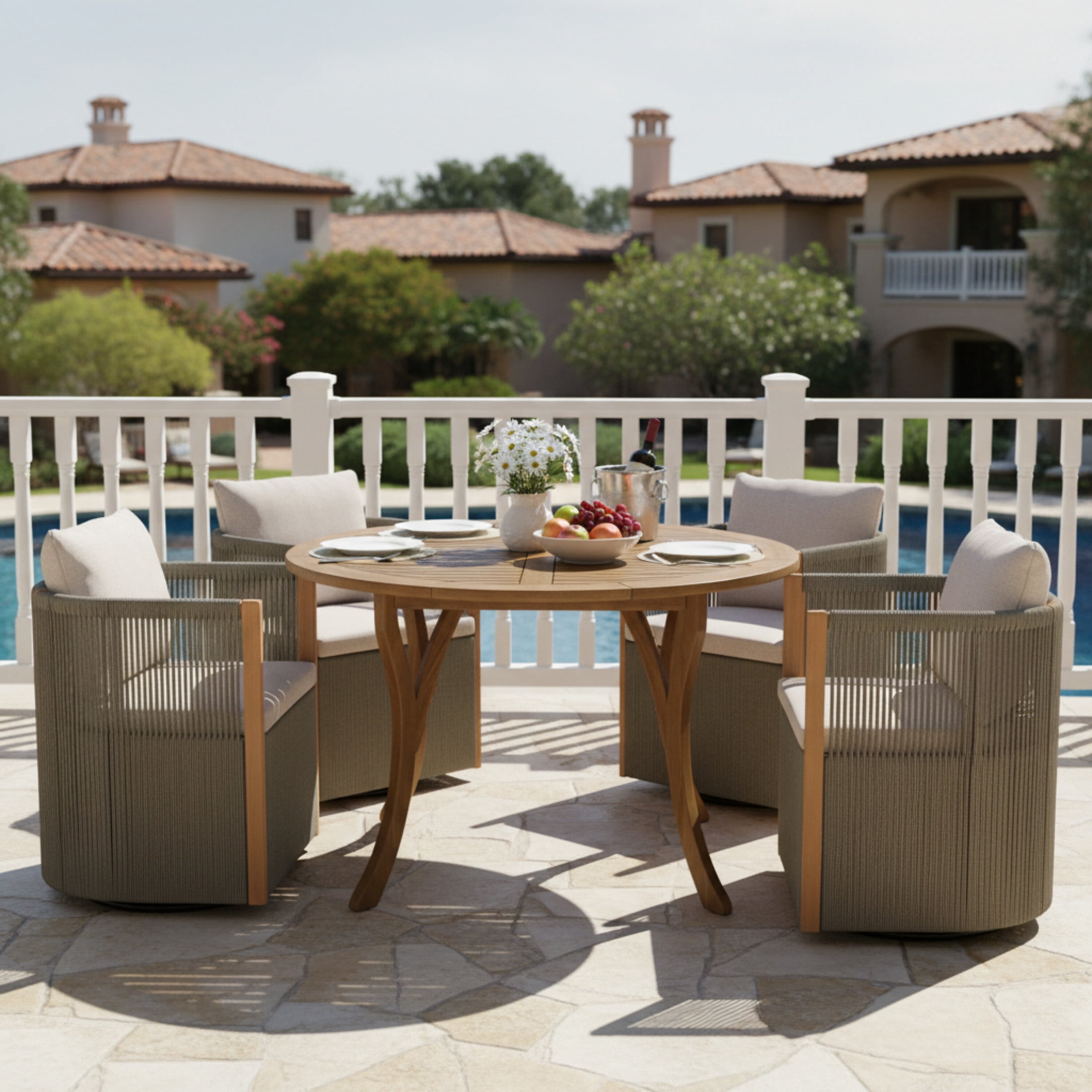 Christopher Knight Home 5 Piece Patio Dining Set, Swivel Rope Chairs and Round Table with Curved Legs, Light Gray