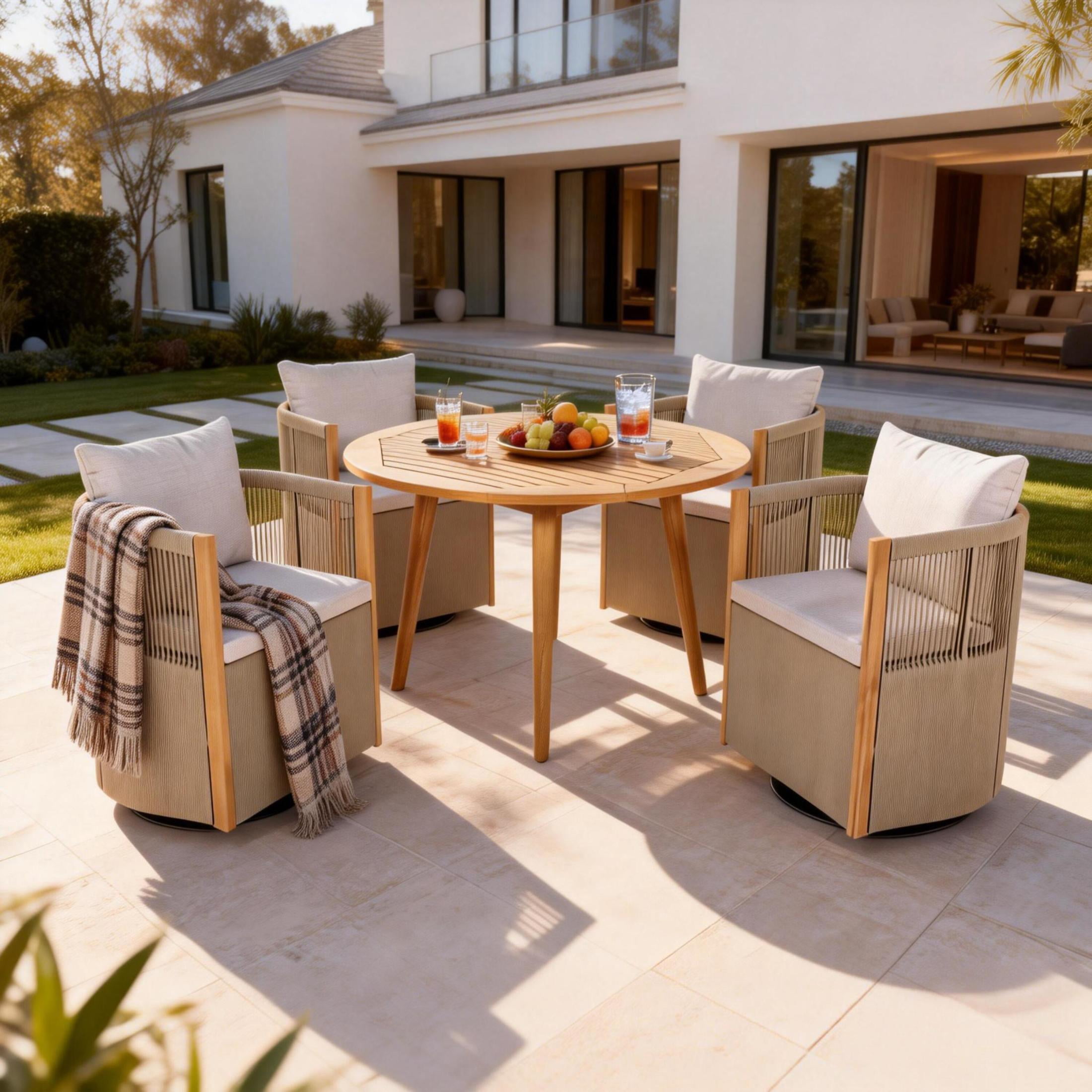 Christopher Knight Home 5 Piece Patio Dining Set with Swivel Rope Chairs and Round Wood Table, Beige