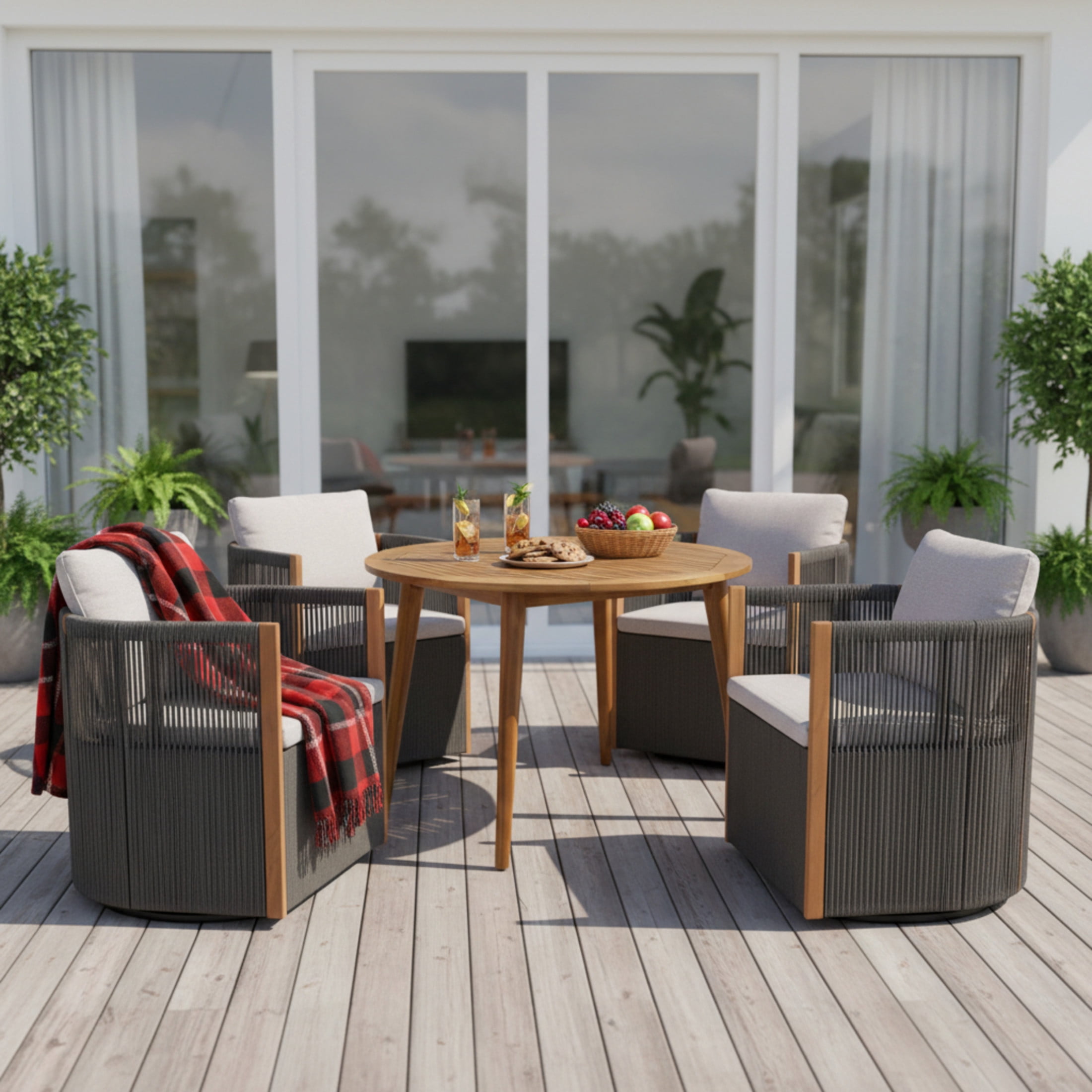 Christopher Knight Home 5 Piece Patio Dining Set with Swivel Rope Chairs and Round Wood Table, Gray