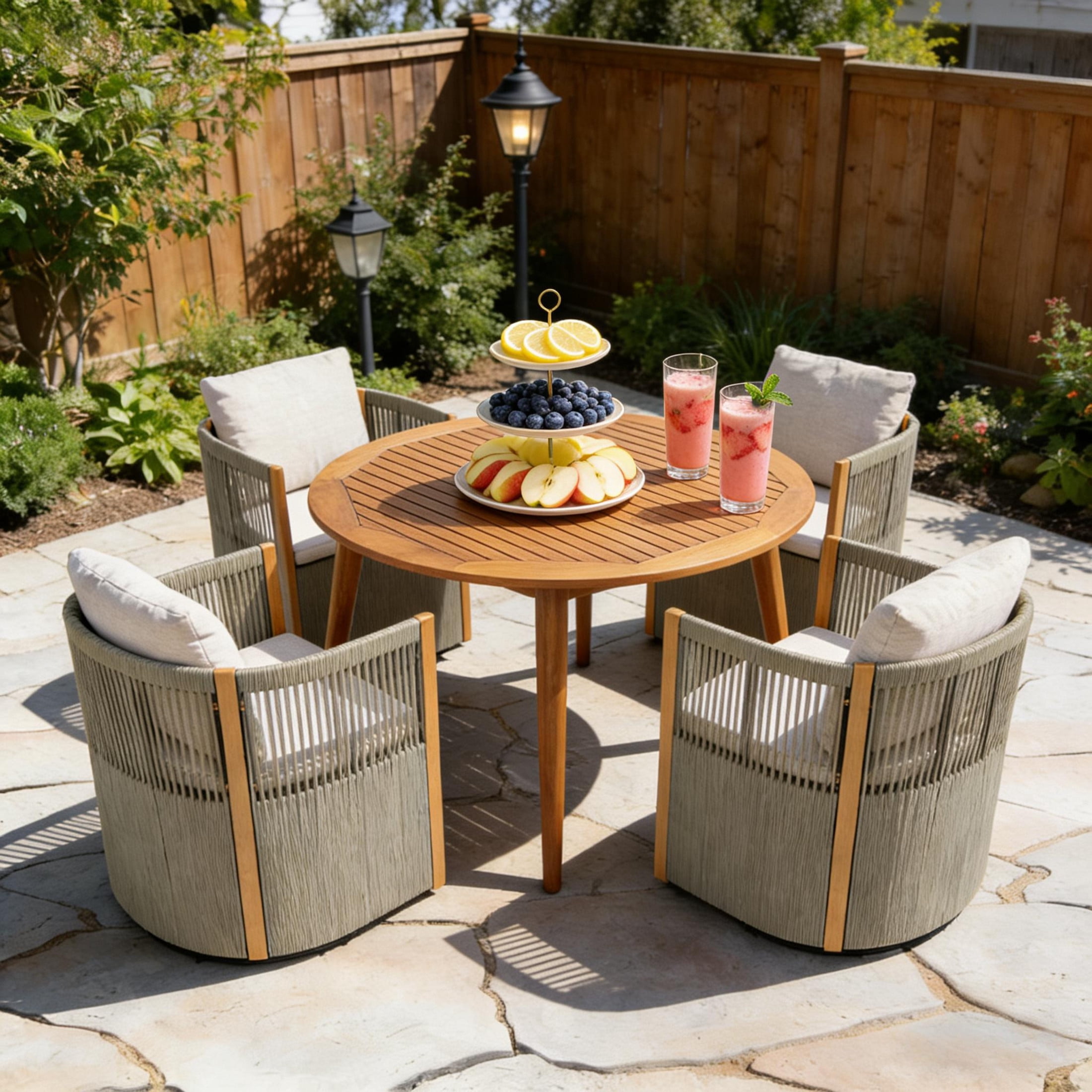 Christopher Knight Home 5 Piece Patio Dining Set with Swivel Rope Chairs and Round Wood Table, Light Gray
