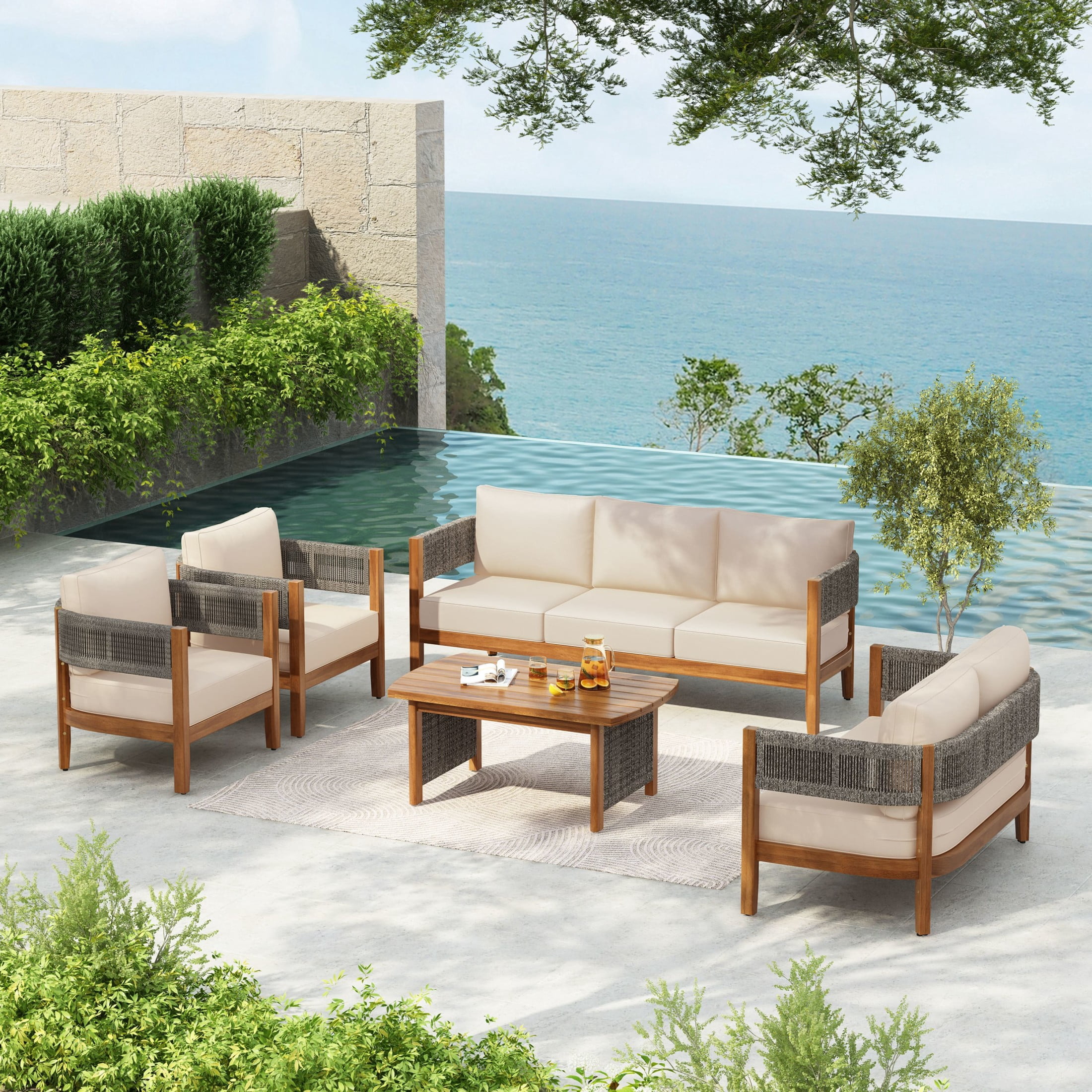 Christopher Knight Home 5-Piece Patio Furniture Set, Acacia Wood Tub Design Sofa, Loveseat, Chairs with Woven Rope Table and Beige Cushions, Teak