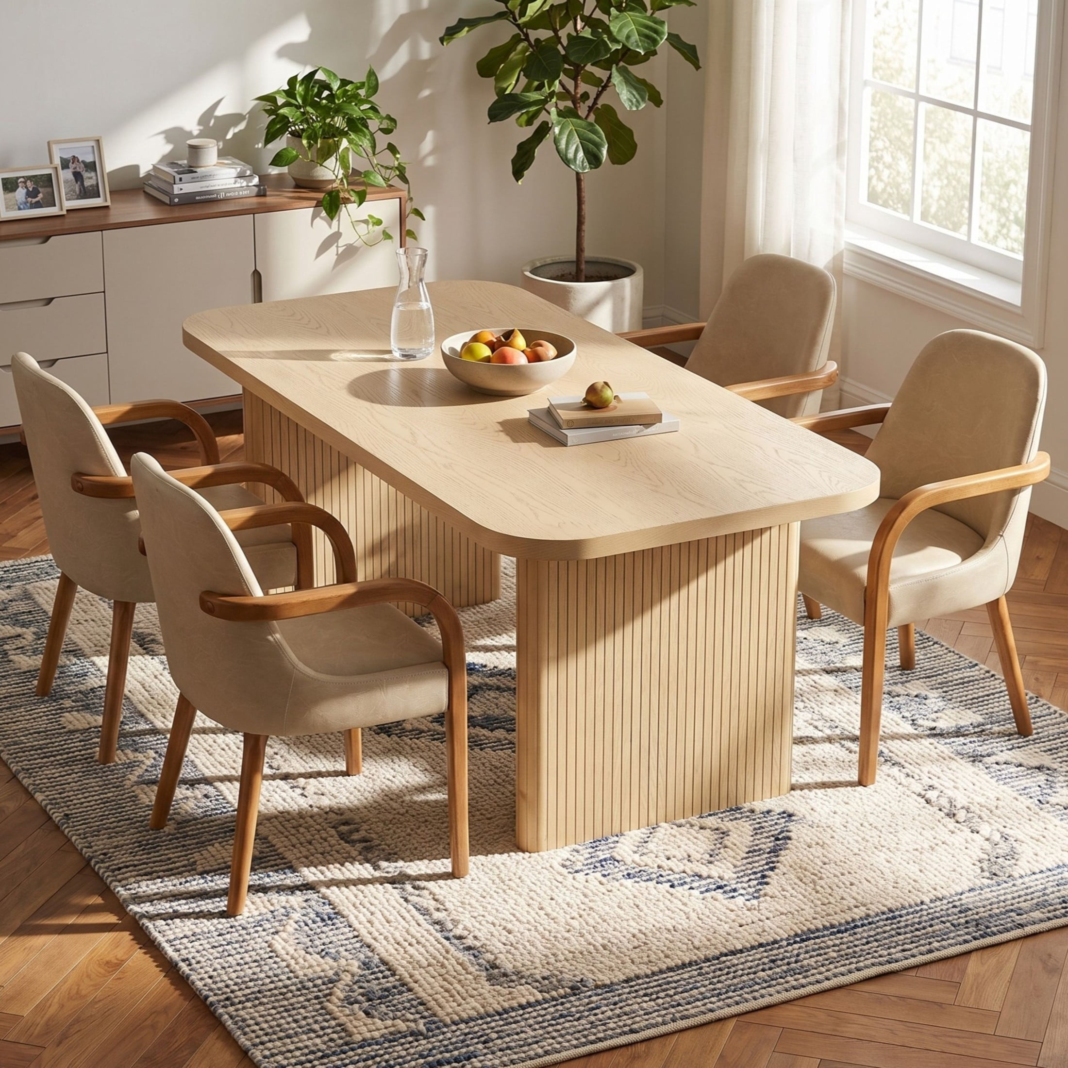Christopher Knight Home 5-Piece Rectangular Dining Table with PU Upholstered Arm Chairs, Light Oak+Khaki