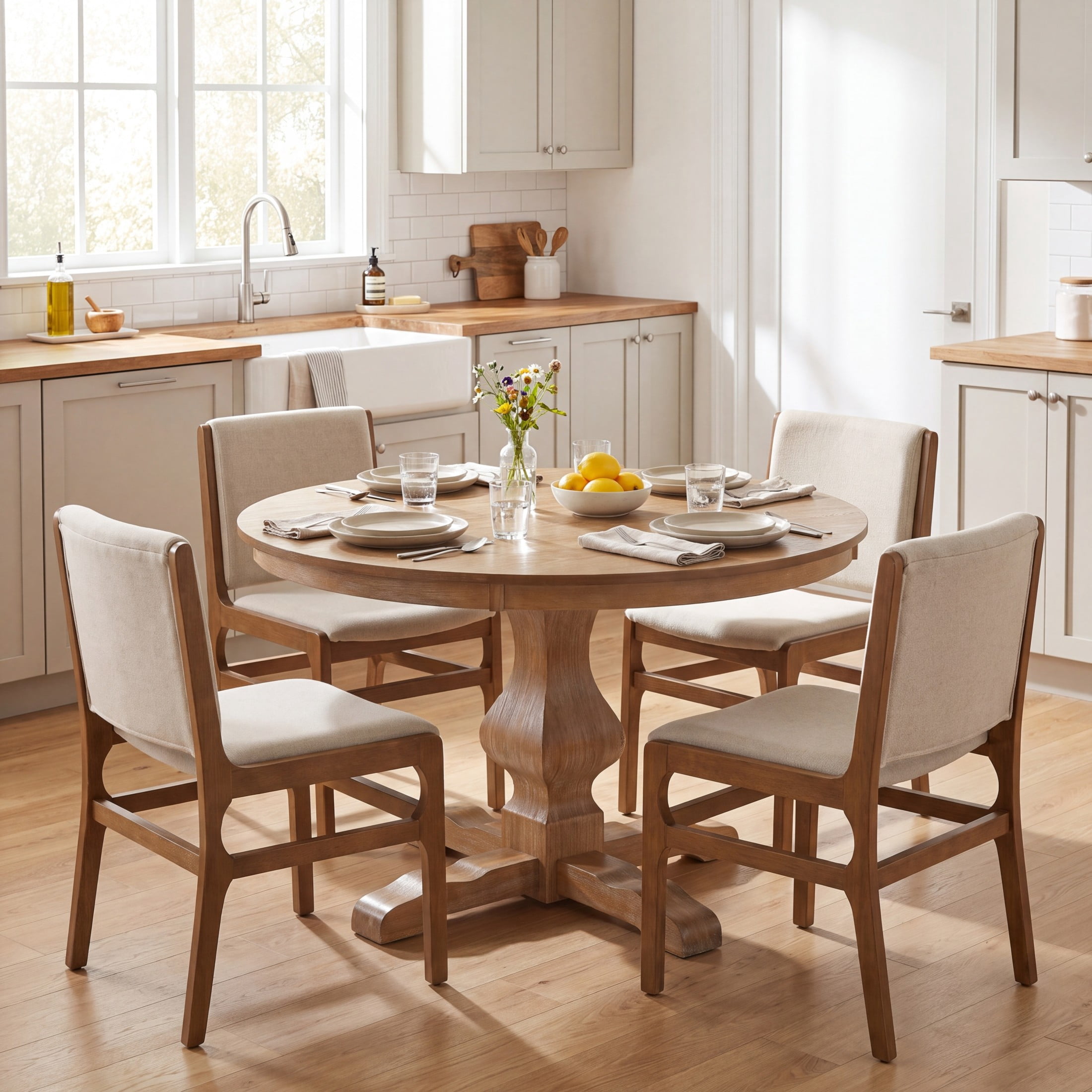 Christopher Knight Home 5-Piece Round Dining Set, Pedestal Table and Upholstered Chairs, Natural+Wheat