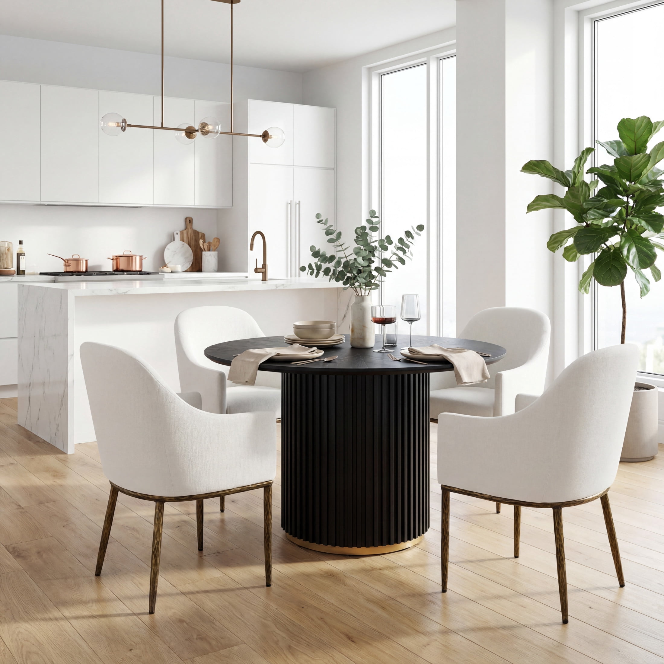 Christopher Knight Home 5-Piece Round Dining Set, Pedestal Table with Upholstered Armchairs, Black+Forged Brass