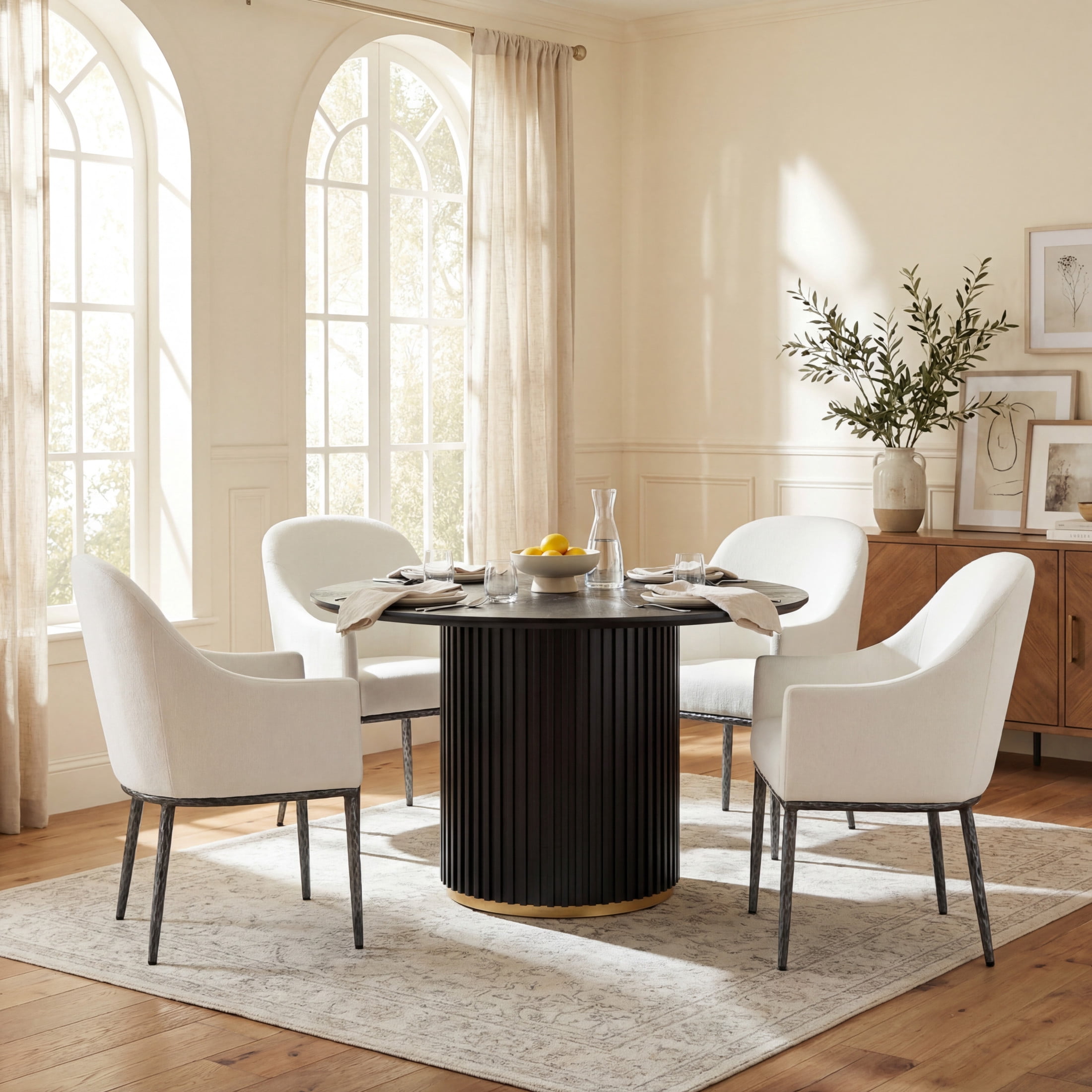 Christopher Knight Home 5-Piece Round Dining Set, Pedestal Table with Upholstered Armchairs, Black+Forged Pewter