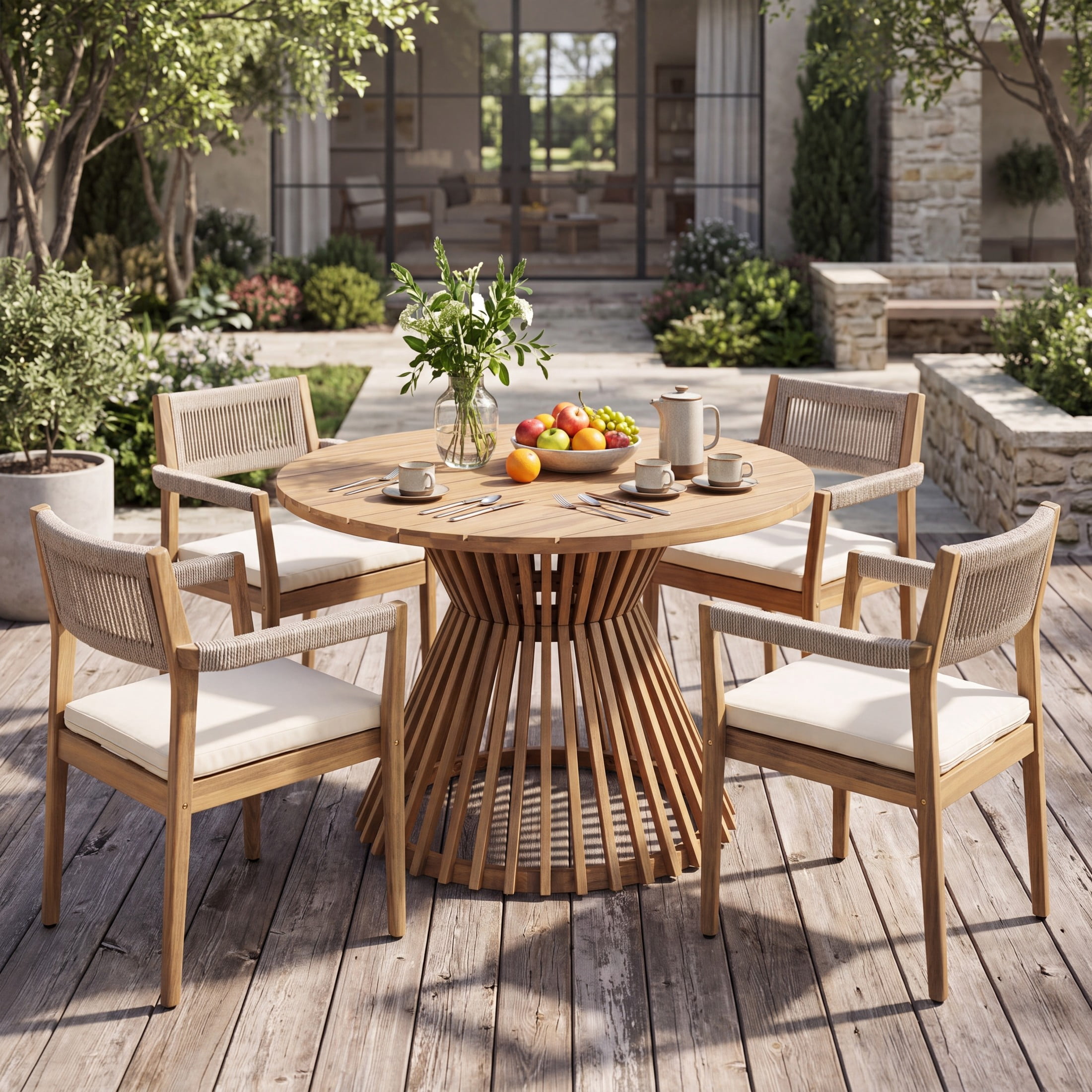 Christopher Knight Home 5-Piece Round Wood Patio Dining Set with Rope Arm Chairs, Light Teak+Cream