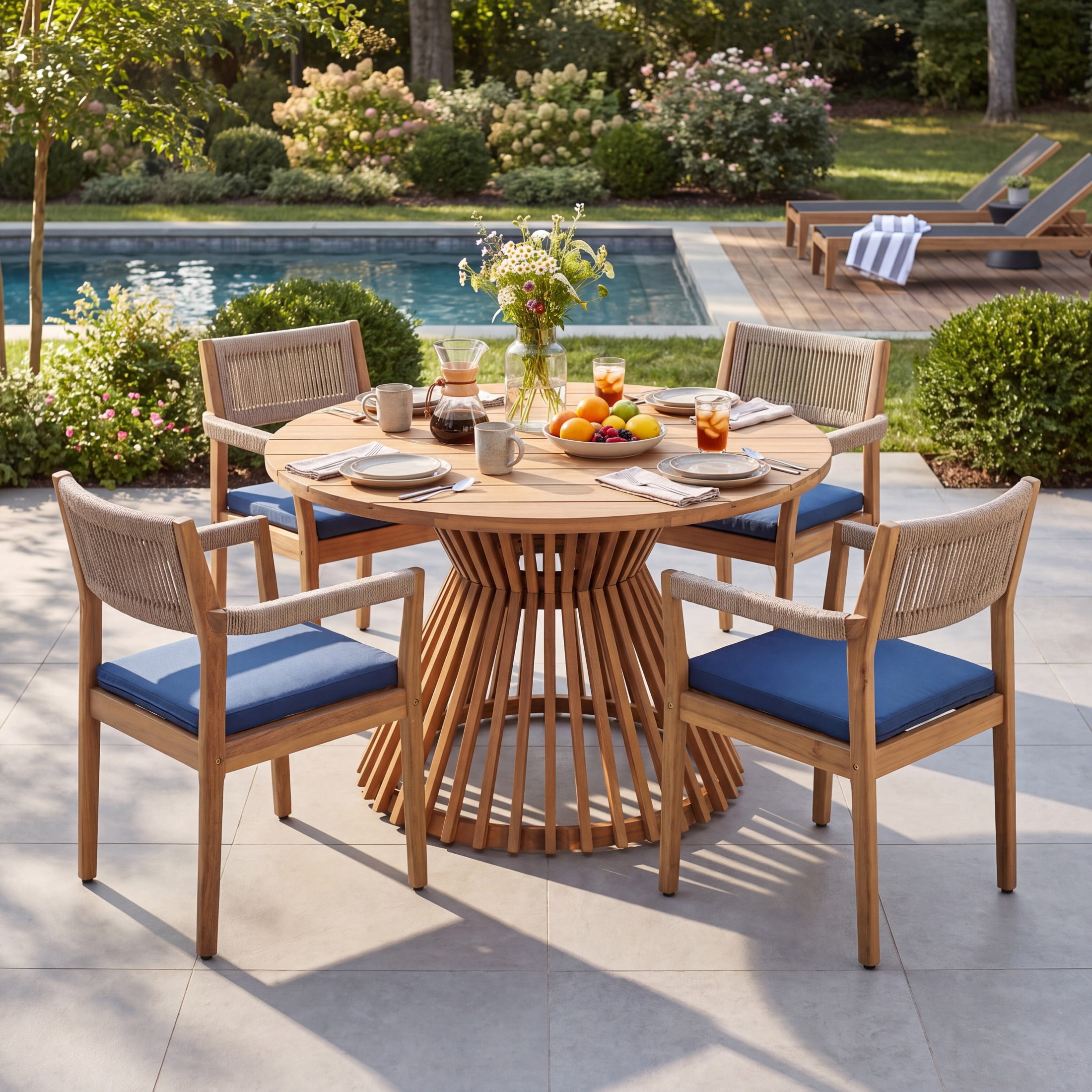 Christopher Knight Home 5-Piece Round Wood Patio Dining Set with Rope Arm Chairs, Light Teak+Navy