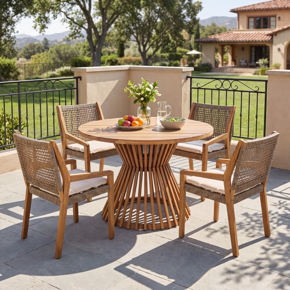Christopher Knight Home 5-Piece Round Wood Patio Dining Set with Wicker Armchairs, Light Teak Cream