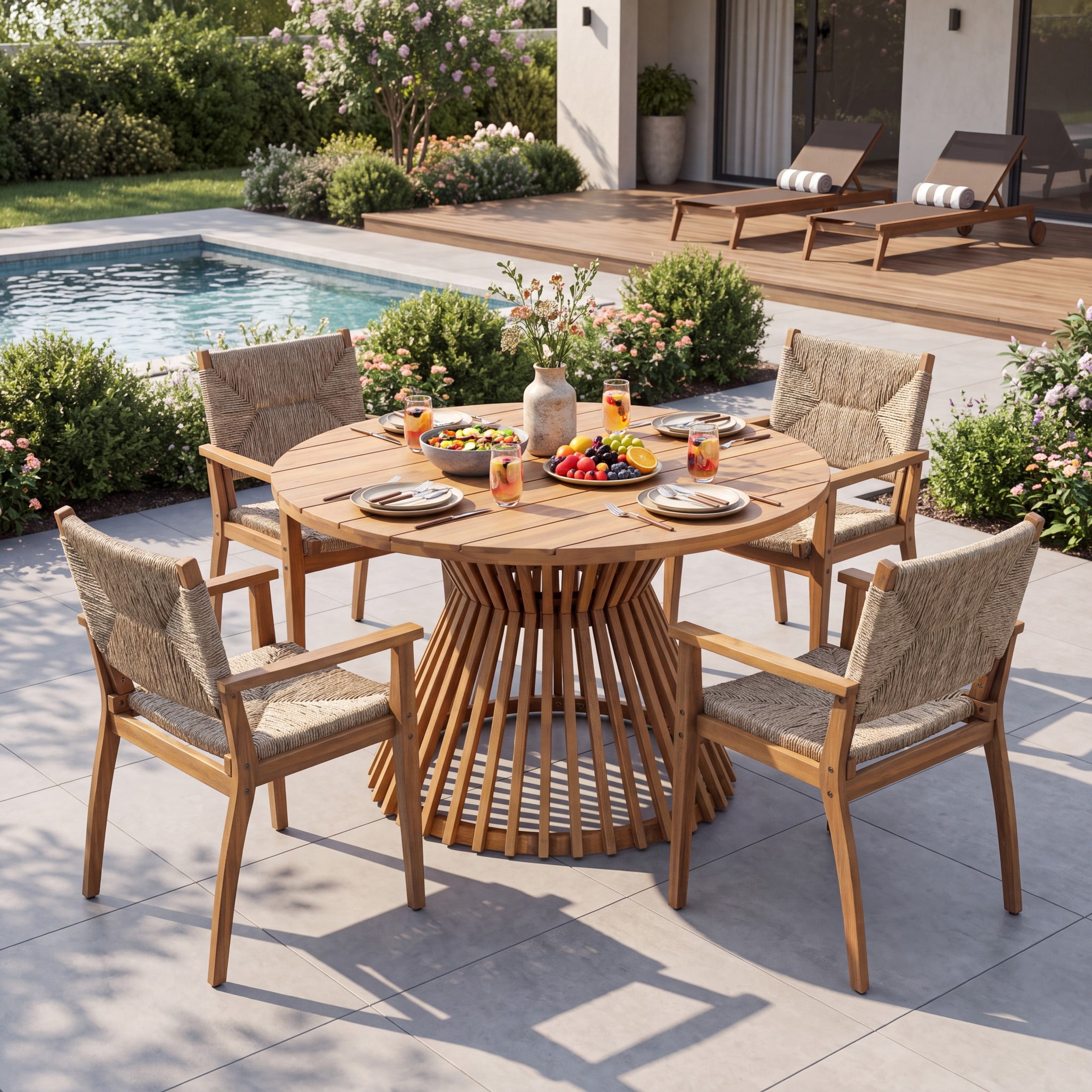 Christopher Knight Home 5-Piece Round Wood Patio Dining Table with Wicker Arm Chairs, Light Teak+Brown
