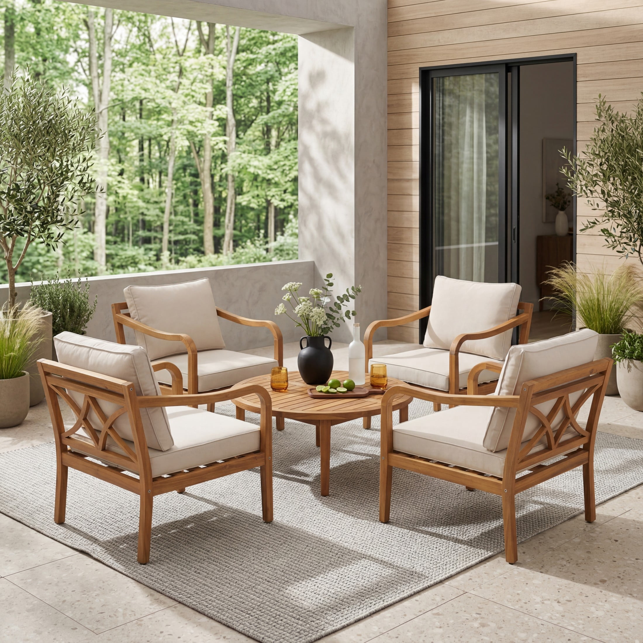 Christopher Knight Home 5-Piece Rustic Acacia Wood Outdoor Conversation Set with Cushion, Teak+Beige