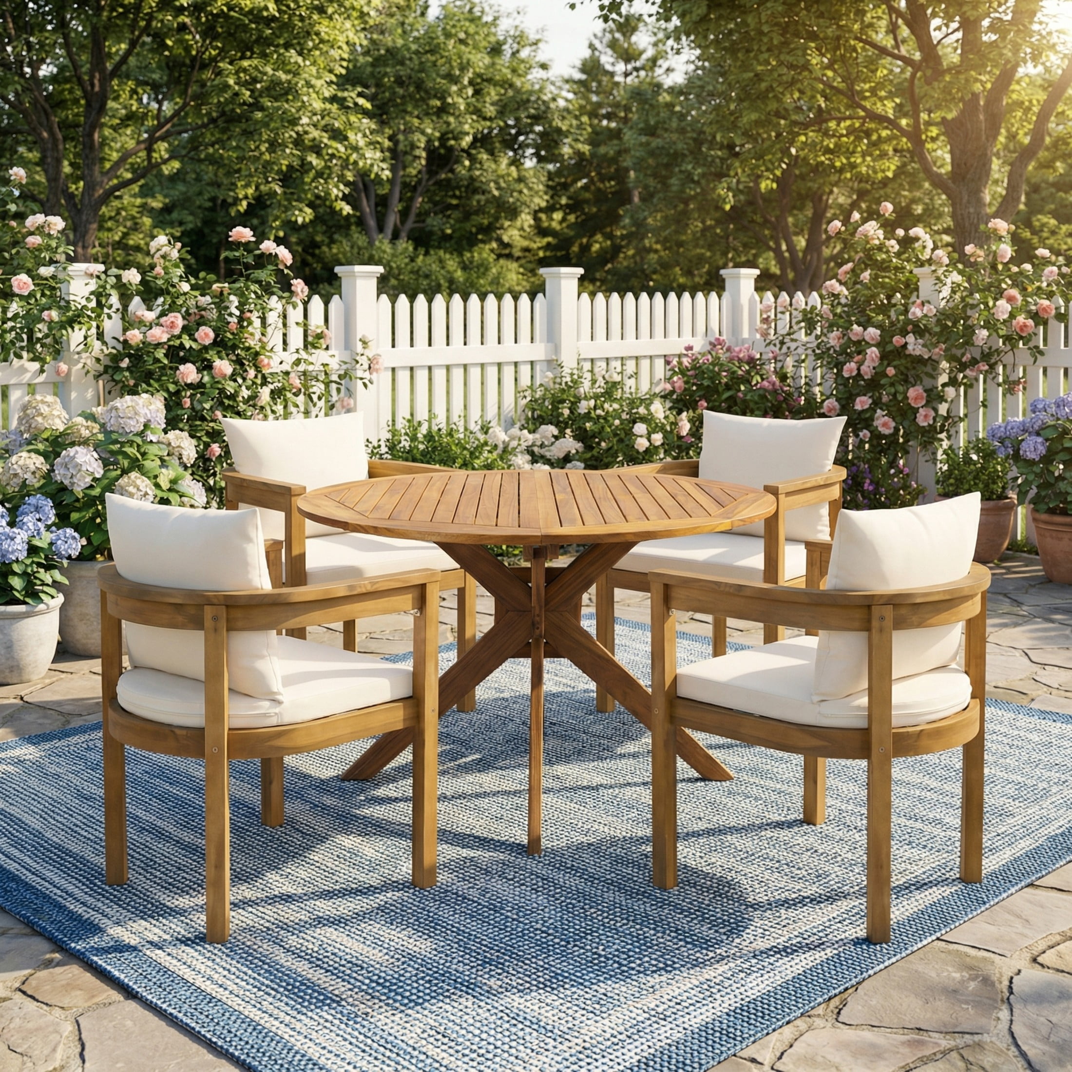 Christopher Knight Home 5-Piece Rustic Outdoor Dining Set, Round Table with Beige Cushioned Chairs, Teak
