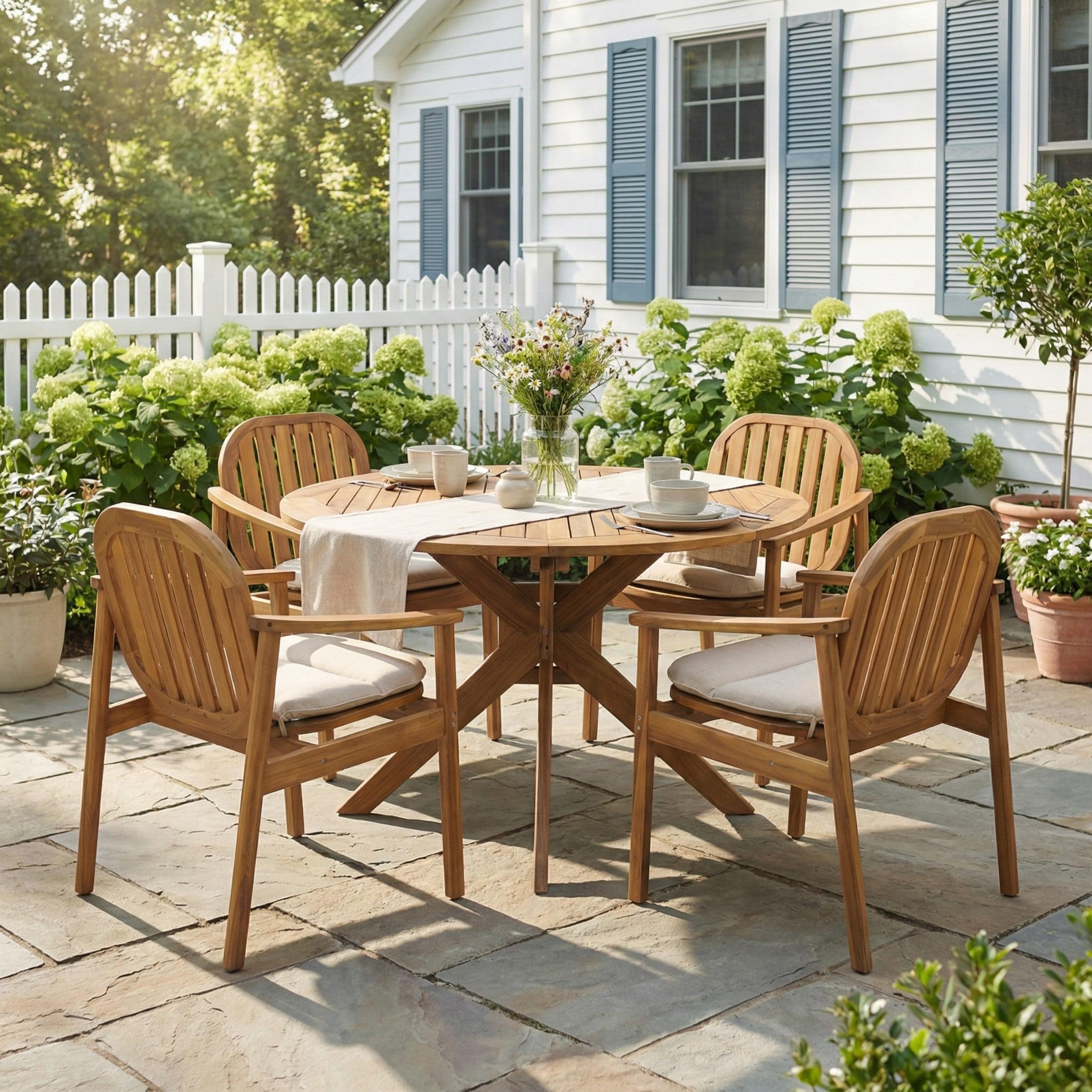 Christopher Knight Home 5-Piece Rustic Outdoor Dining Set, Round Table with Slatted Chairs, Teak+Beige
