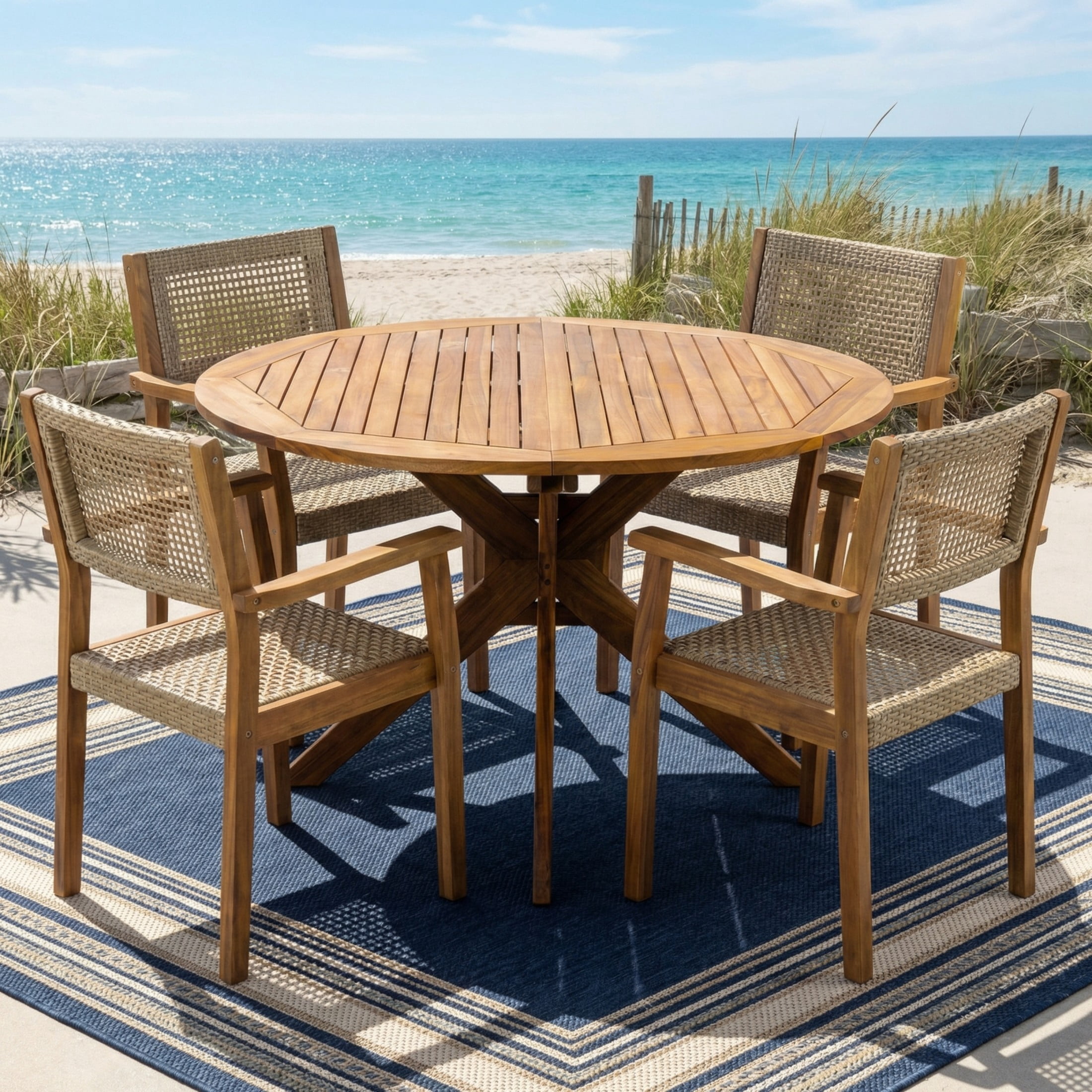 Christopher Knight Home 5-Piece Rustic Outdoor Wood Dining Set, Round Table with Wicker Chairs, Teak