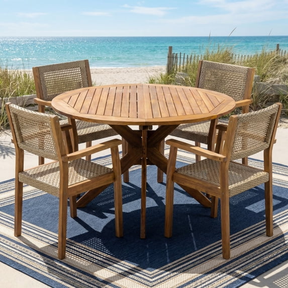 Christopher Knight Home 5-Piece Rustic Outdoor Wood Dining Set, Round Table with Wicker Chairs, Teak