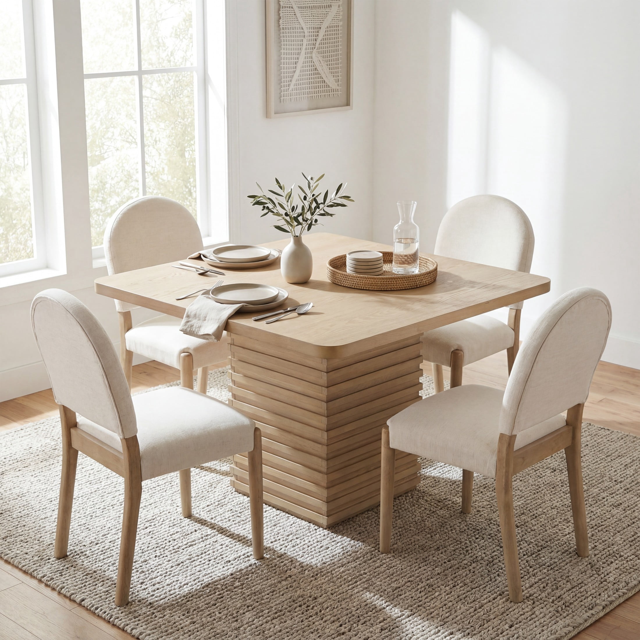 Christopher Knight Home 5-Piece Square Dining Table Set with Upholstered Armless Chairs, Light Ash+Beige