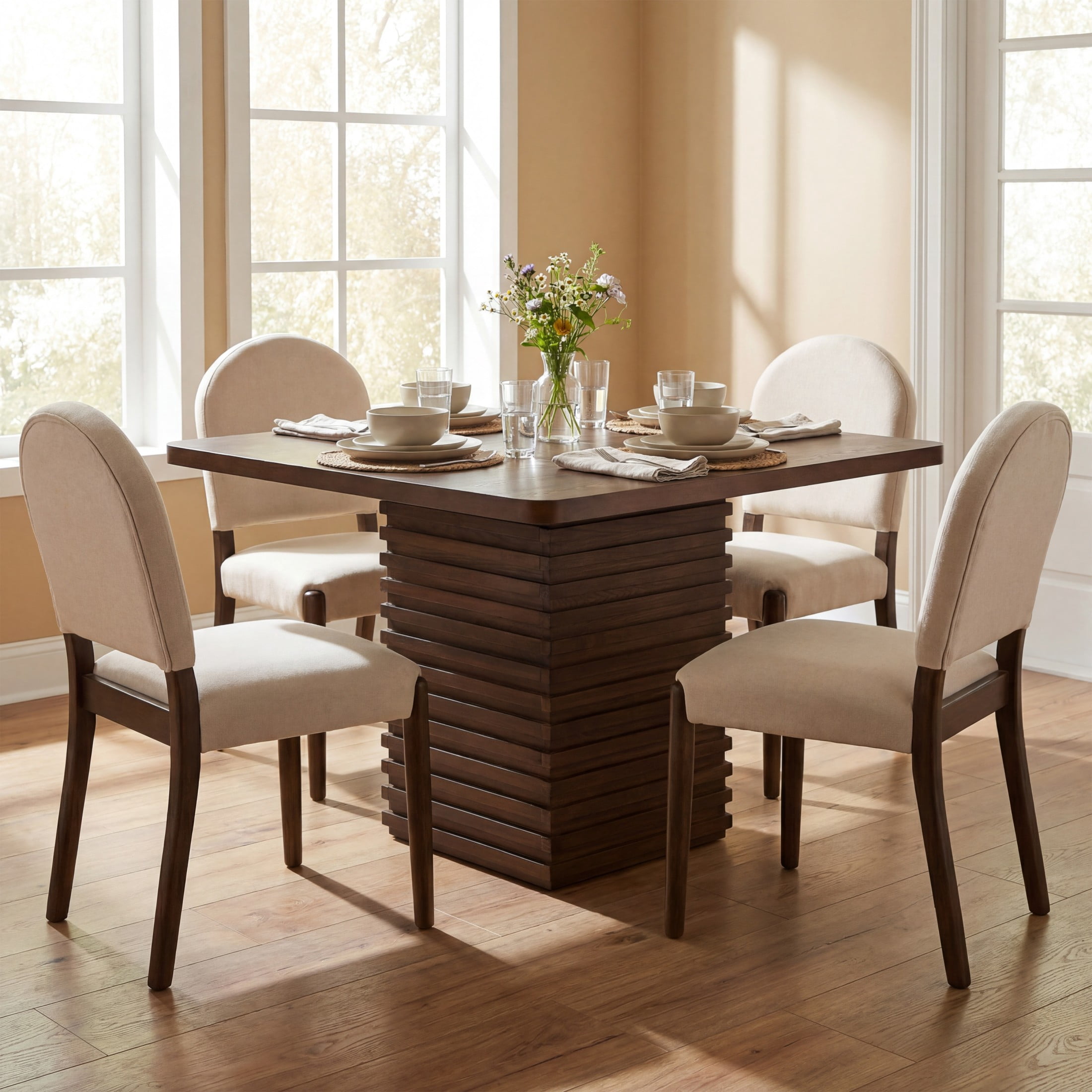 Christopher Knight Home 5-Piece Square Dining Table Set with Upholstered Armless Chairs, Walnut+Beige