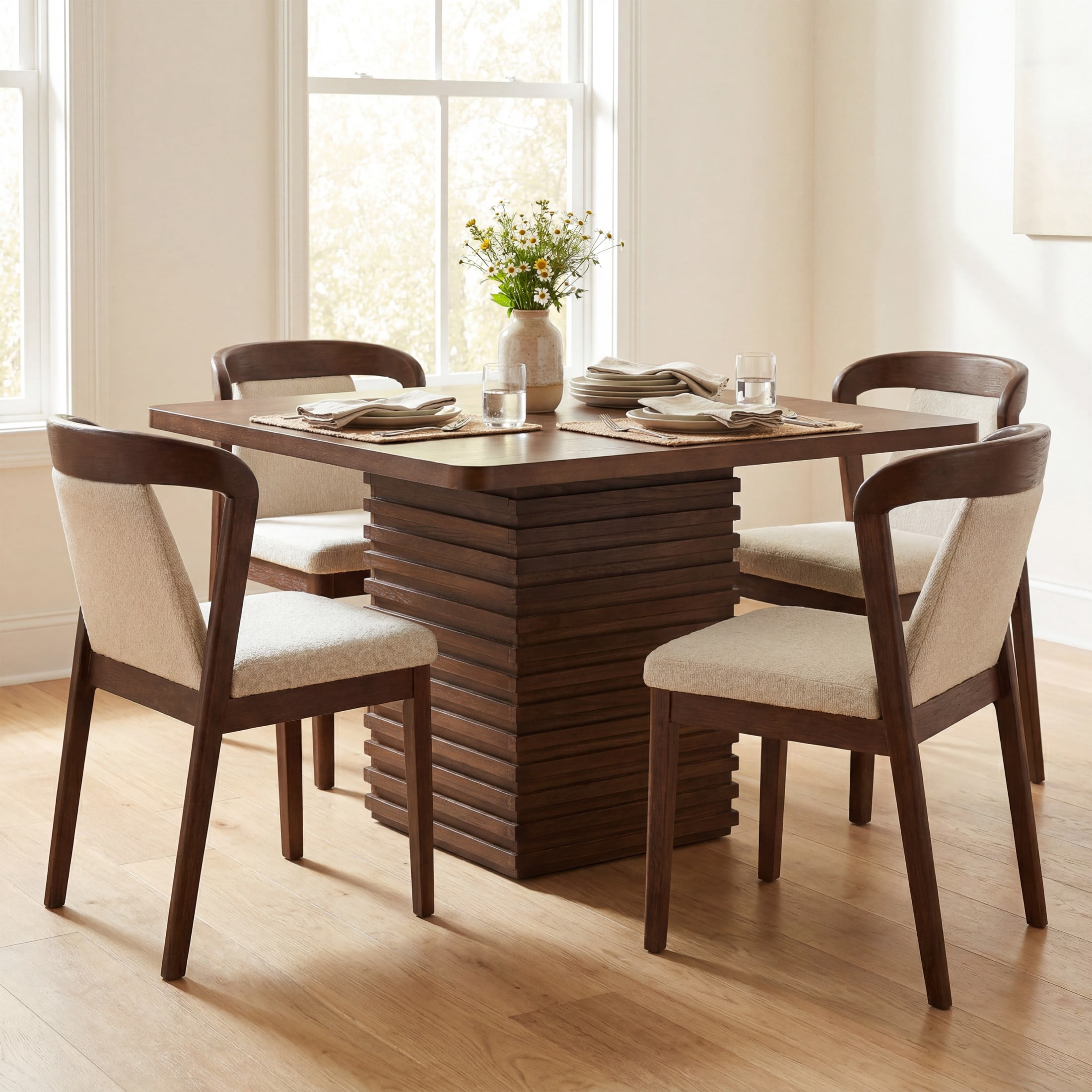 Christopher Knight Home 5-Piece Square Dining Table Set with Upholstered Chairs, Walnut+Camel