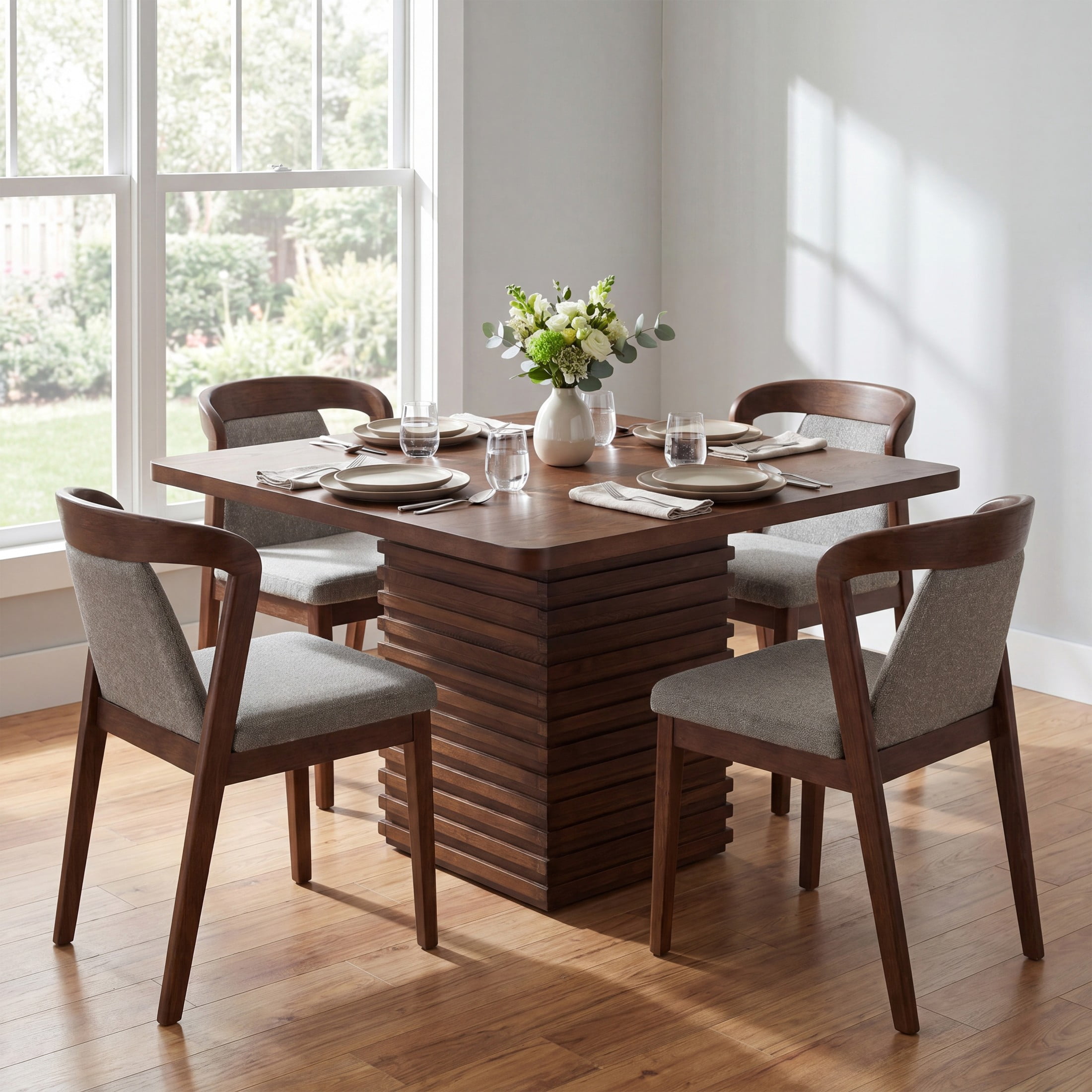 Christopher Knight Home 5-Piece Square Dining Table Set with Upholstered Chairs, Walnut+Light Brown
