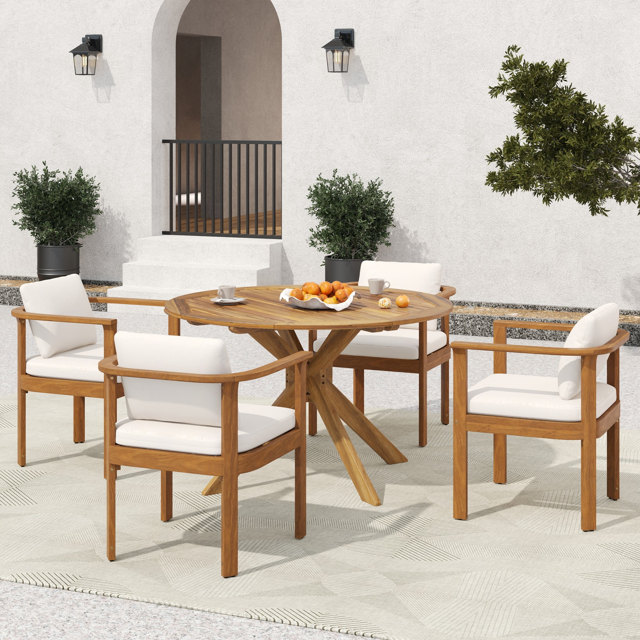 Christopher Knight Home 5-Piece Teak Rustic Outdoor Round Dining Table with Chairs, Cream Cushions