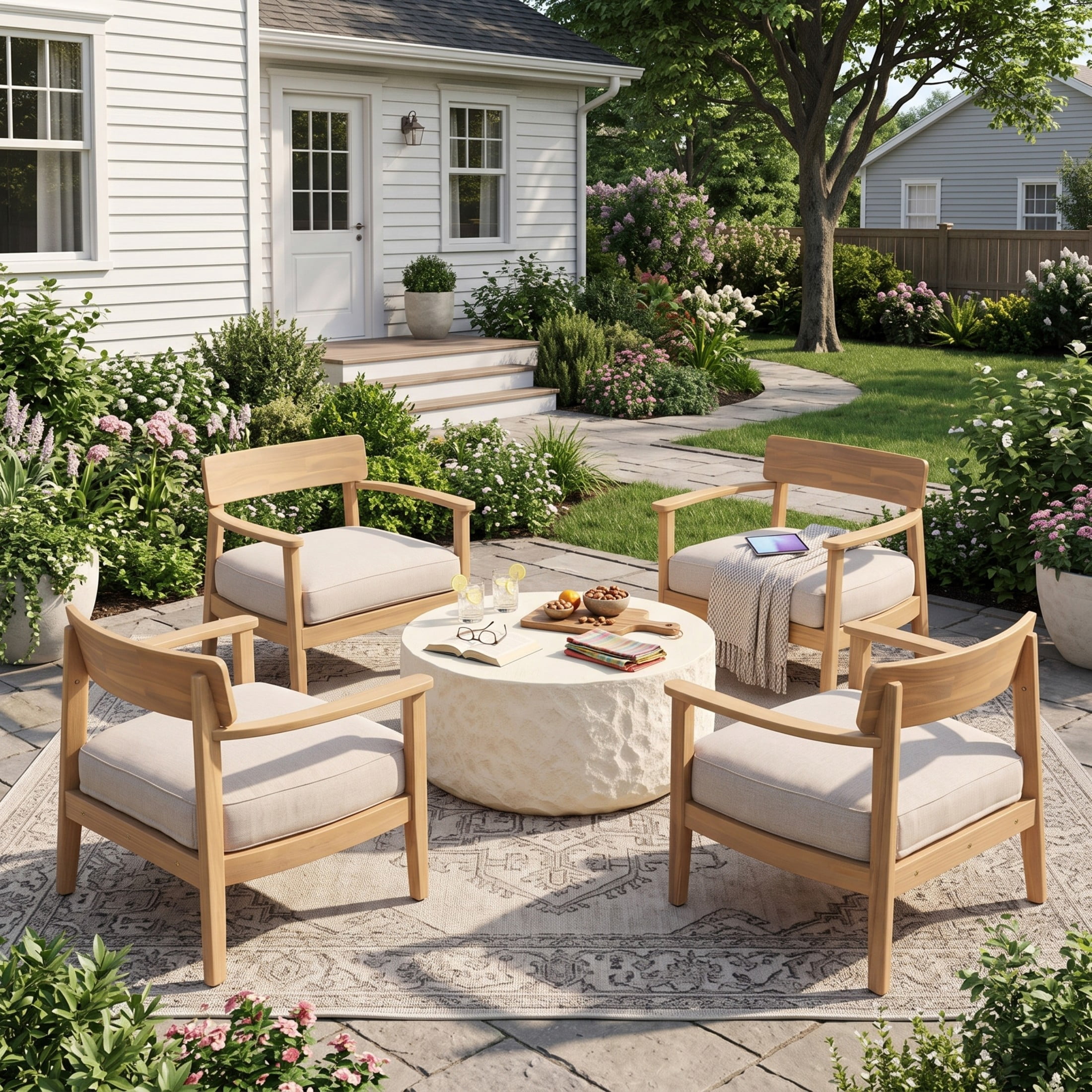 Christopher Knight Home 5-Piece Wood Outdoor Conversation Set, 4 Chairs and Cream Coffee Table, Teak+Beige