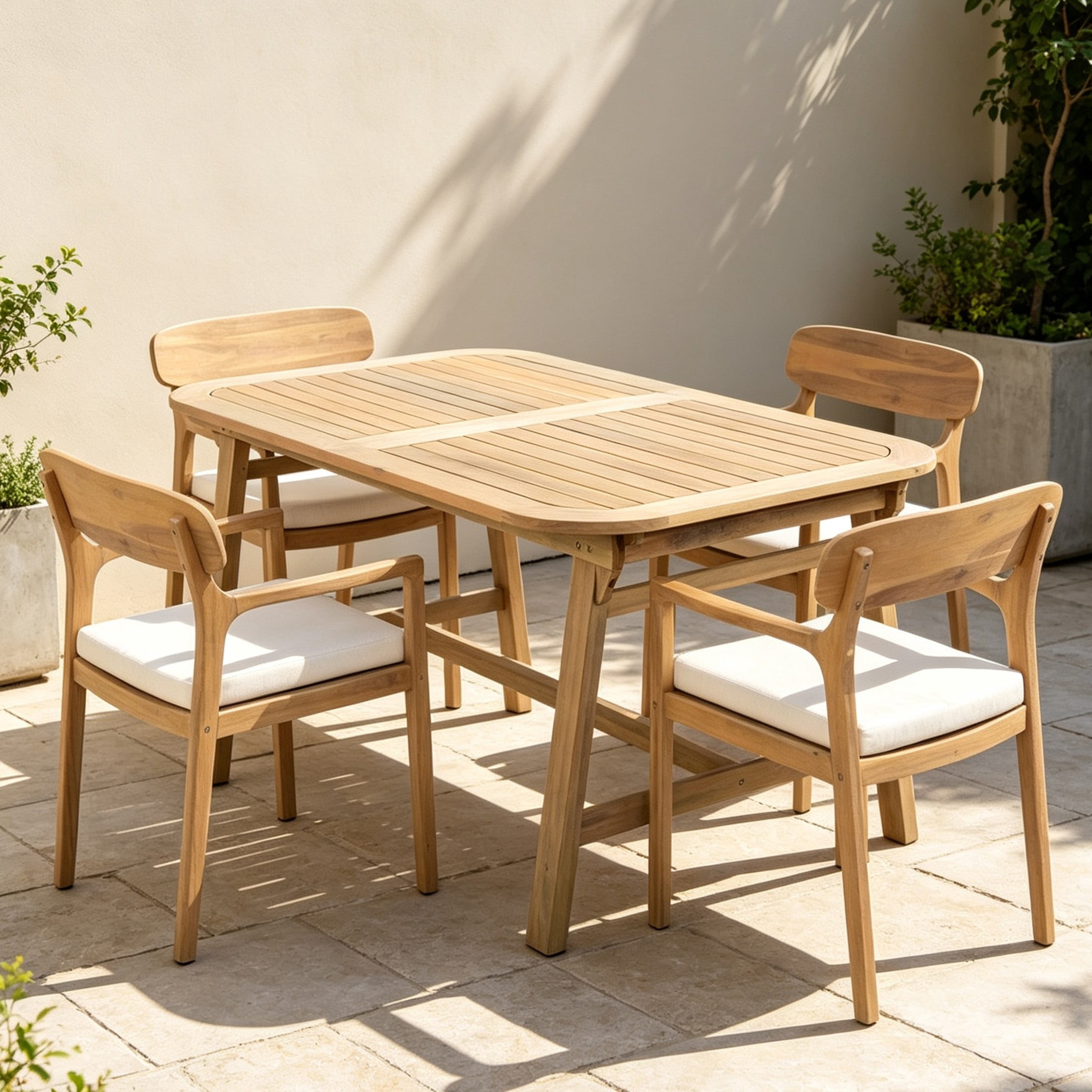 Christopher Knight Home 5-Piece Wood Outdoor Dining Set, Extendable Table and Armchairs, Light Teak+Beige