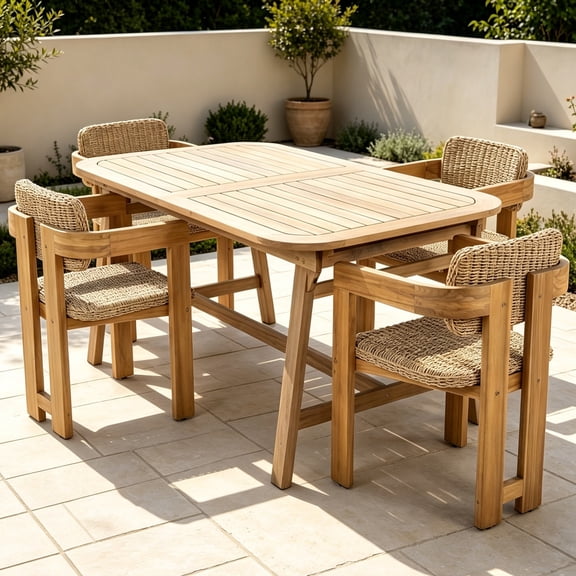 Christopher Knight Home 5-Piece Wood Outdoor Dining Set, Extendable Table with Rattan Chairs, Teak