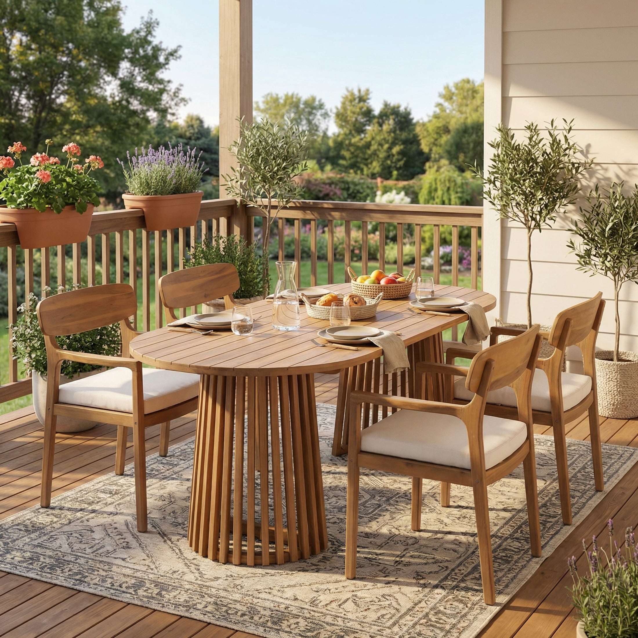 Christopher Knight Home 5-Piece Wood Outdoor Dining Set, Oval Table with Cushioned Chairs, Light Teak+Brown