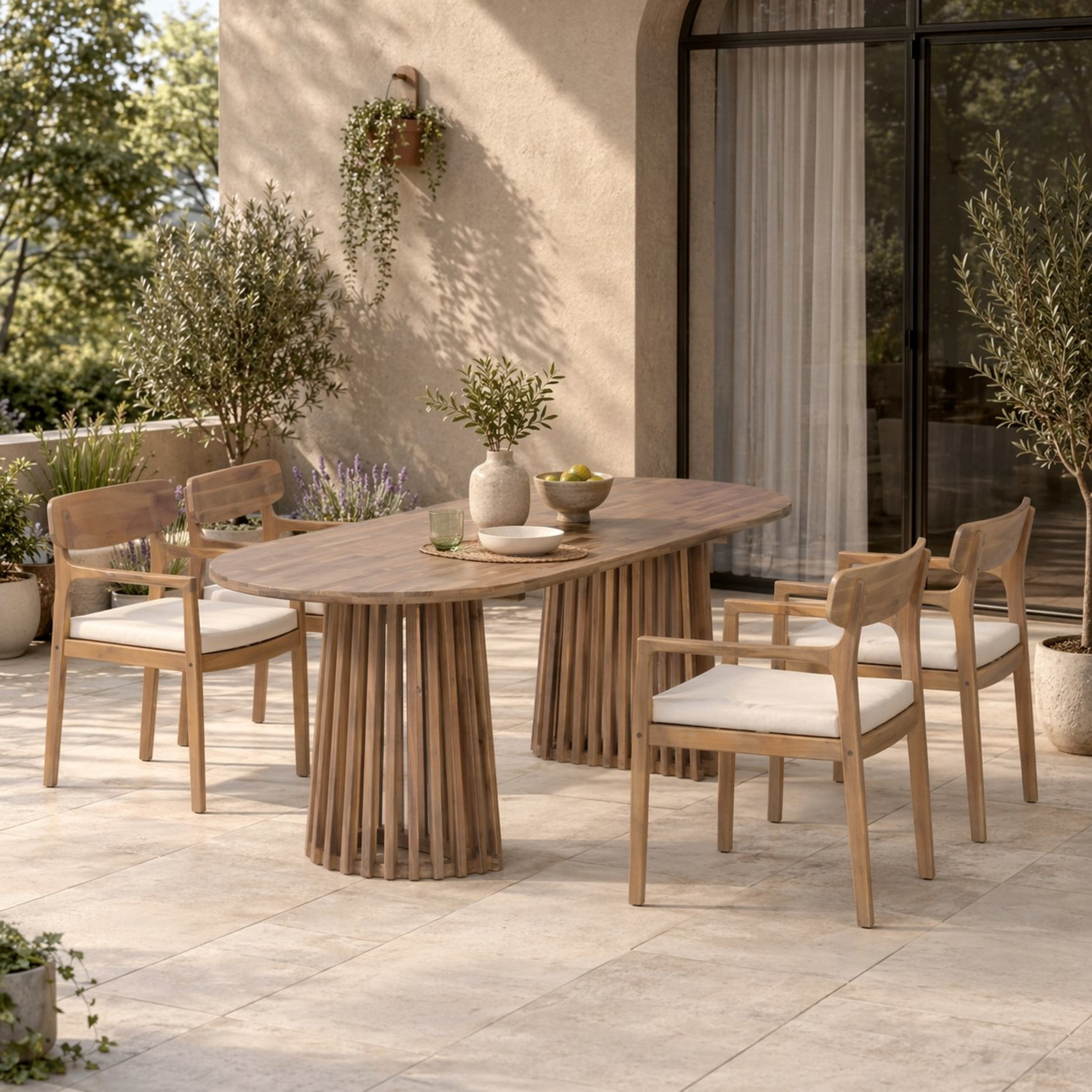 Christopher Knight Home 5-Piece Wood Outdoor Dining Set, Oval Table with Cushioned Chairs, Light Teak