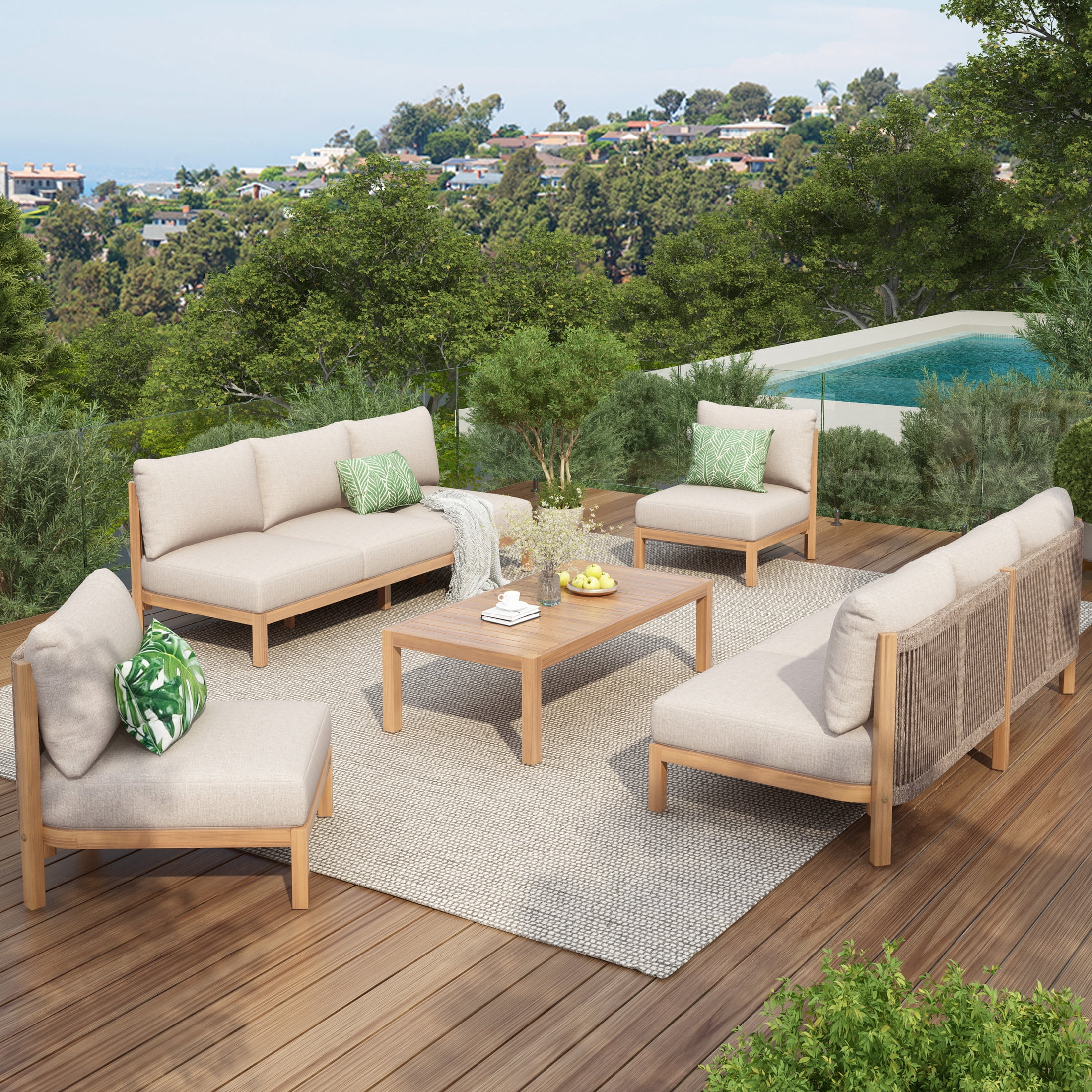 Christopher Knight Home 5-Piece Wood Outdoor Sofa Set with Rope Back and Beige Cushions, Light Teak
