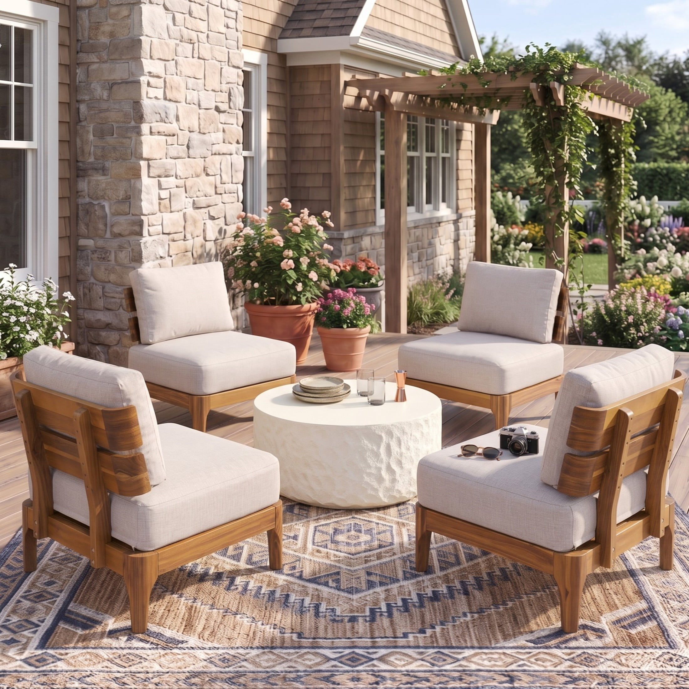 Christopher Knight Home 5-Piece Wood Patio Conversation Set, Armless Chairs with Coffee Table, Teak+Beige+Cream