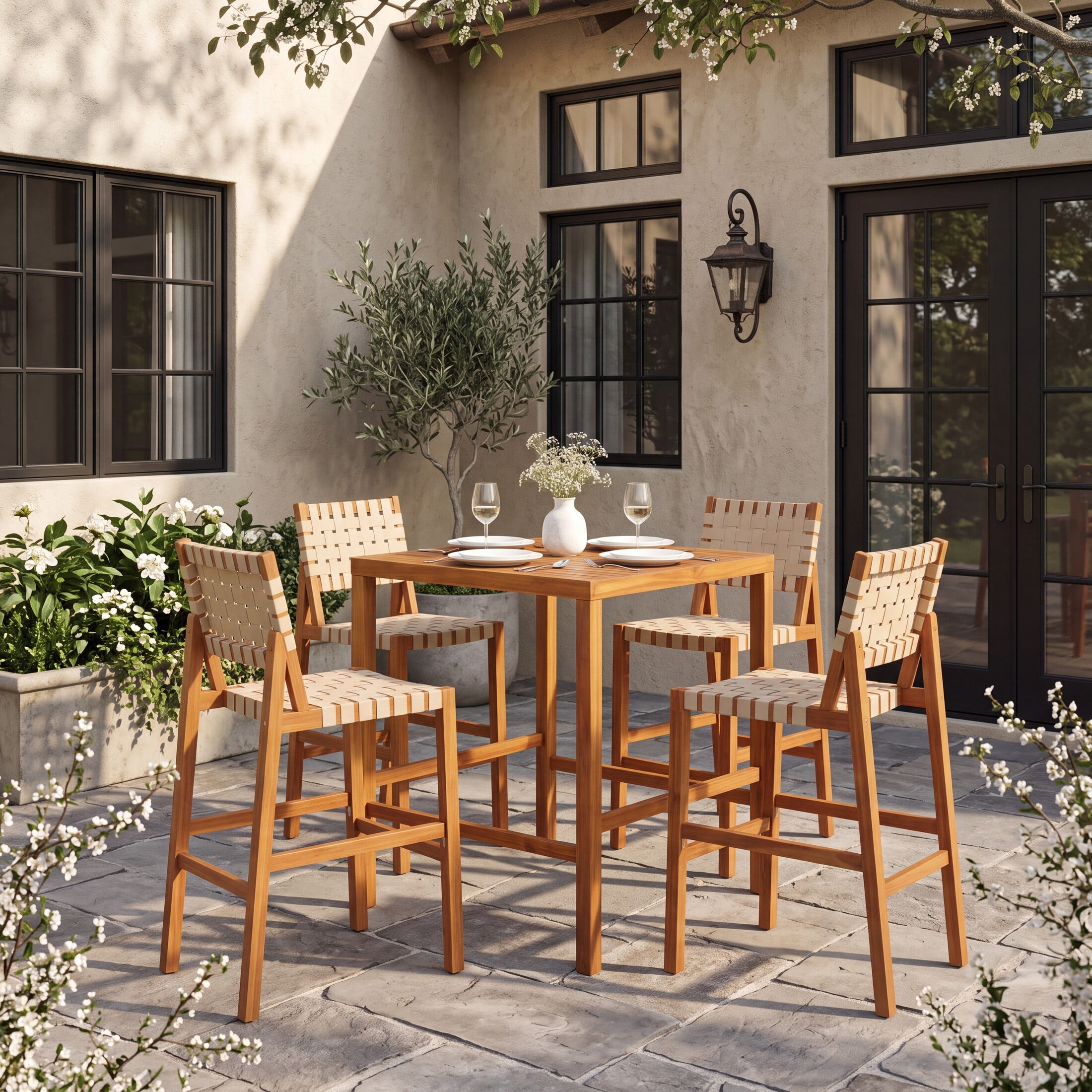 Christopher Knight Home 5-Piece Wooden Outdoor Bar Height Dining Set, Rope Woven Chairs, Teak+Beige