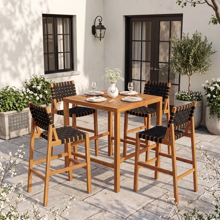 Christopher Knight Home 5-Piece Wooden Outdoor Bar Height Dining Set, Rope Woven Chairs, Teak+Black