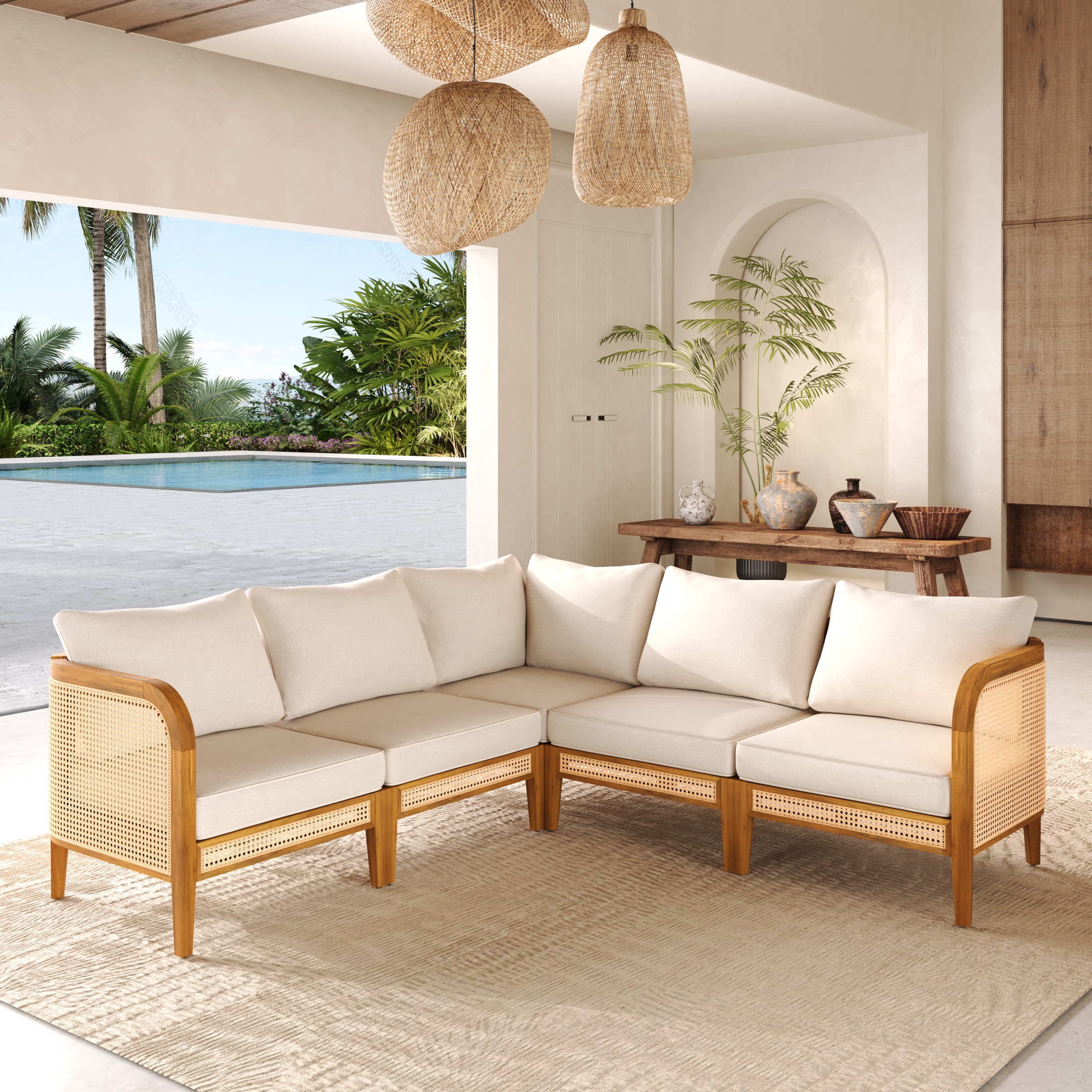 Christopher Knight Home 5 Pieces V-Shaped Outdoor Sofa Set, Wood Frame, Cane Accents and Cushions, Teak+Beige