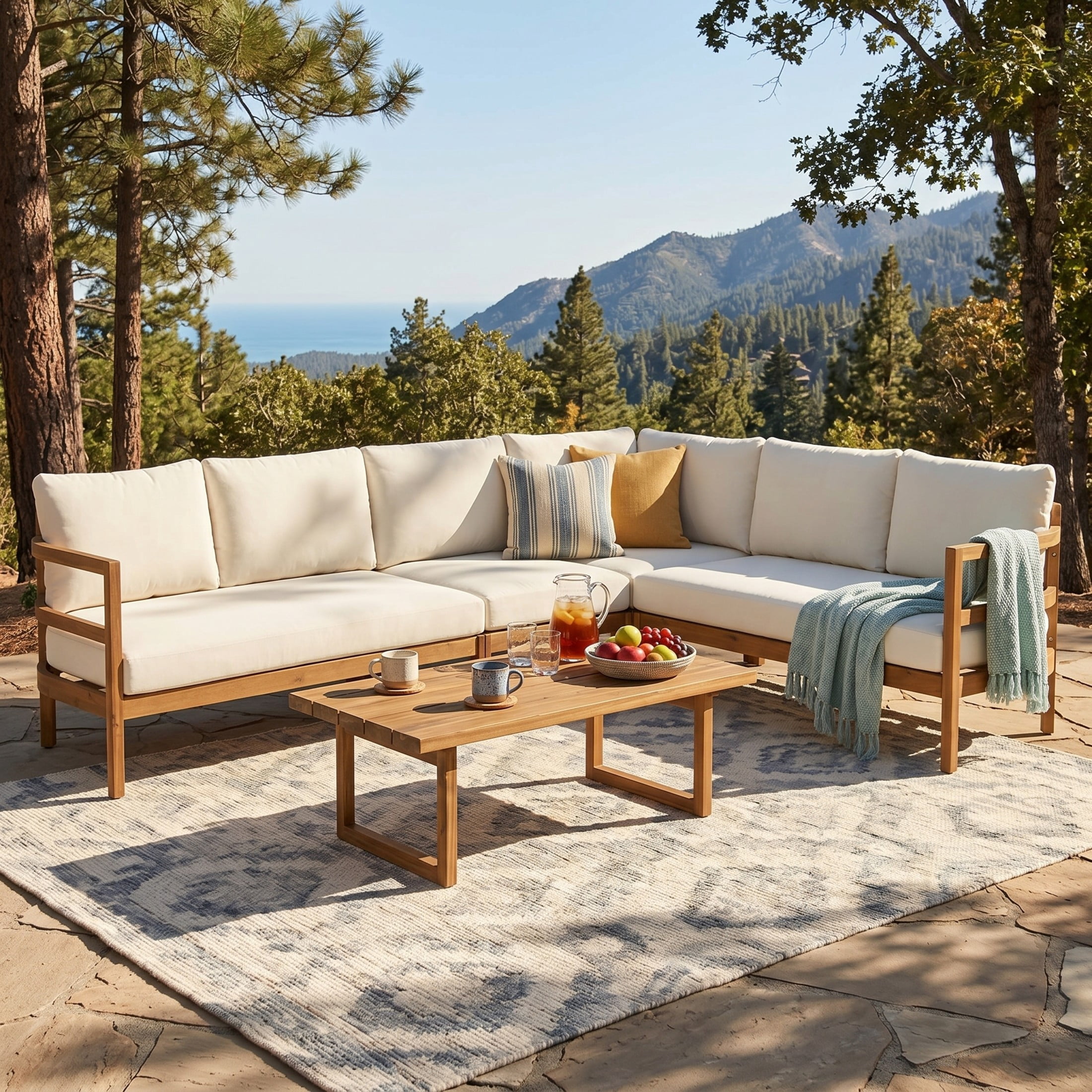 Christopher Knight Home 5-Seat Outdoor Wood Sectional Sofa with Table and Cushions, Light Brown+Beige