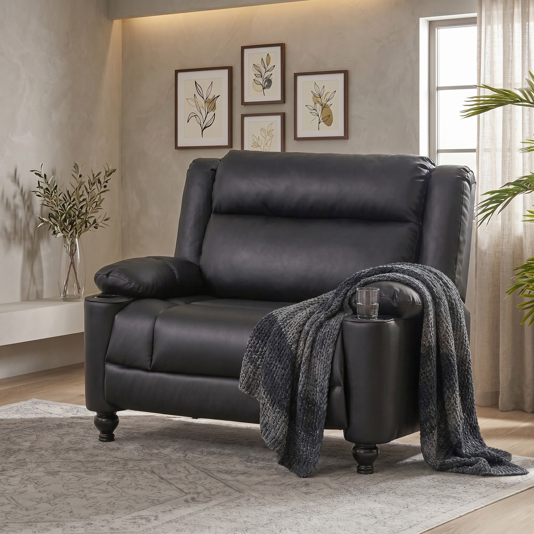 Christopher Knight Home 50" Manual Recliner Chair, Faux Leather Accent Chair with Cup Holders, Black