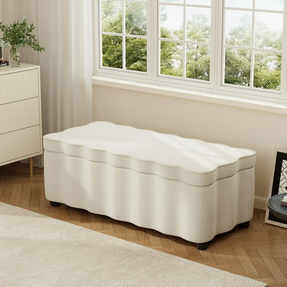 Christopher Knight Home 50" Modern Fabric Storage Ottoman with Scalloped Design, Solid Wood Frame, White