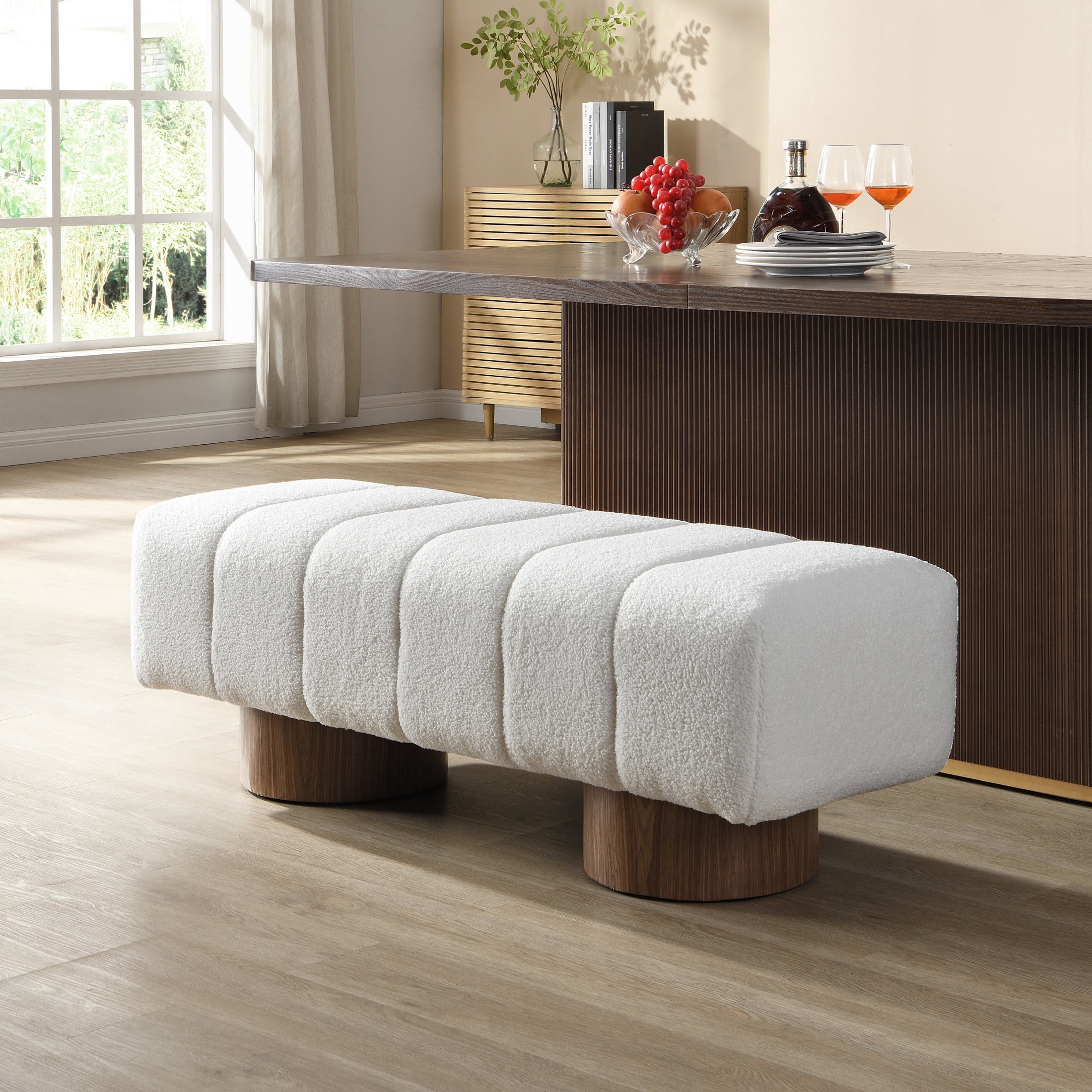 Christopher Knight Home 50" Ottoman Bench with Boucle Upholstery and Wood Legs, White Fabric