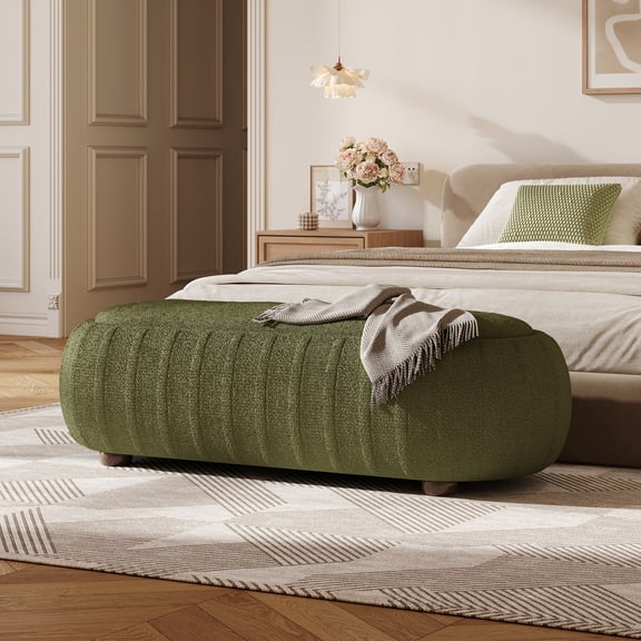 Christopher Knight Home 50" Oval Boucle Upholstered Ottoman with Solid Wood Legs, Olive Green