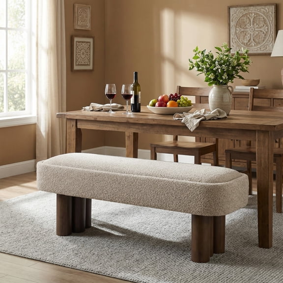 Christopher Knight Home 51.57" Upholstered Dining Bench with Wooden Legs, Chic Modern Design, Khaki