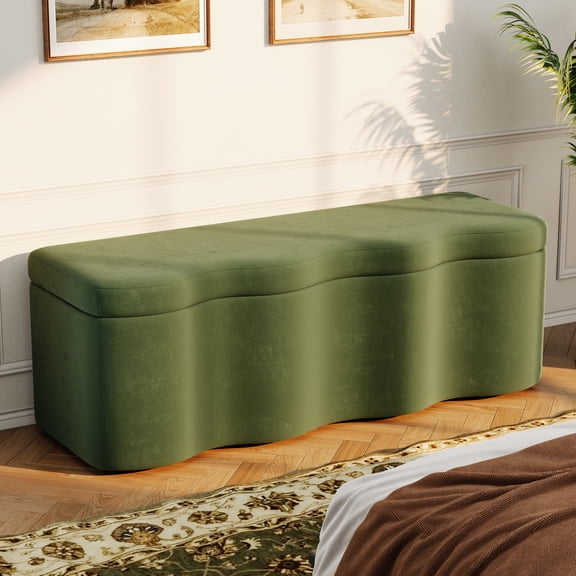 Christopher Knight Home 51.8" Wave Curved Storage Ottoman, Modern Velvet Bench, Olive Green