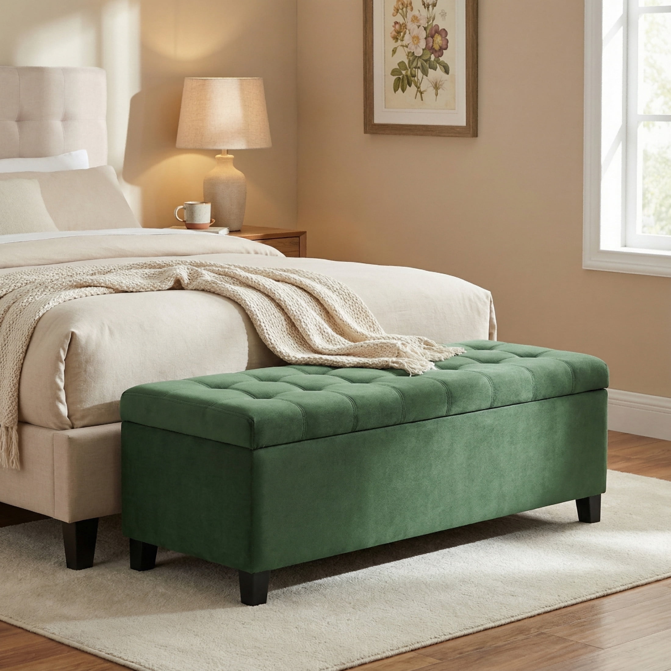 Christopher Knight Home 51" Fabric Storage Ottoman, Tufted End of Bed Bench, Wooden Legs, Retro Green