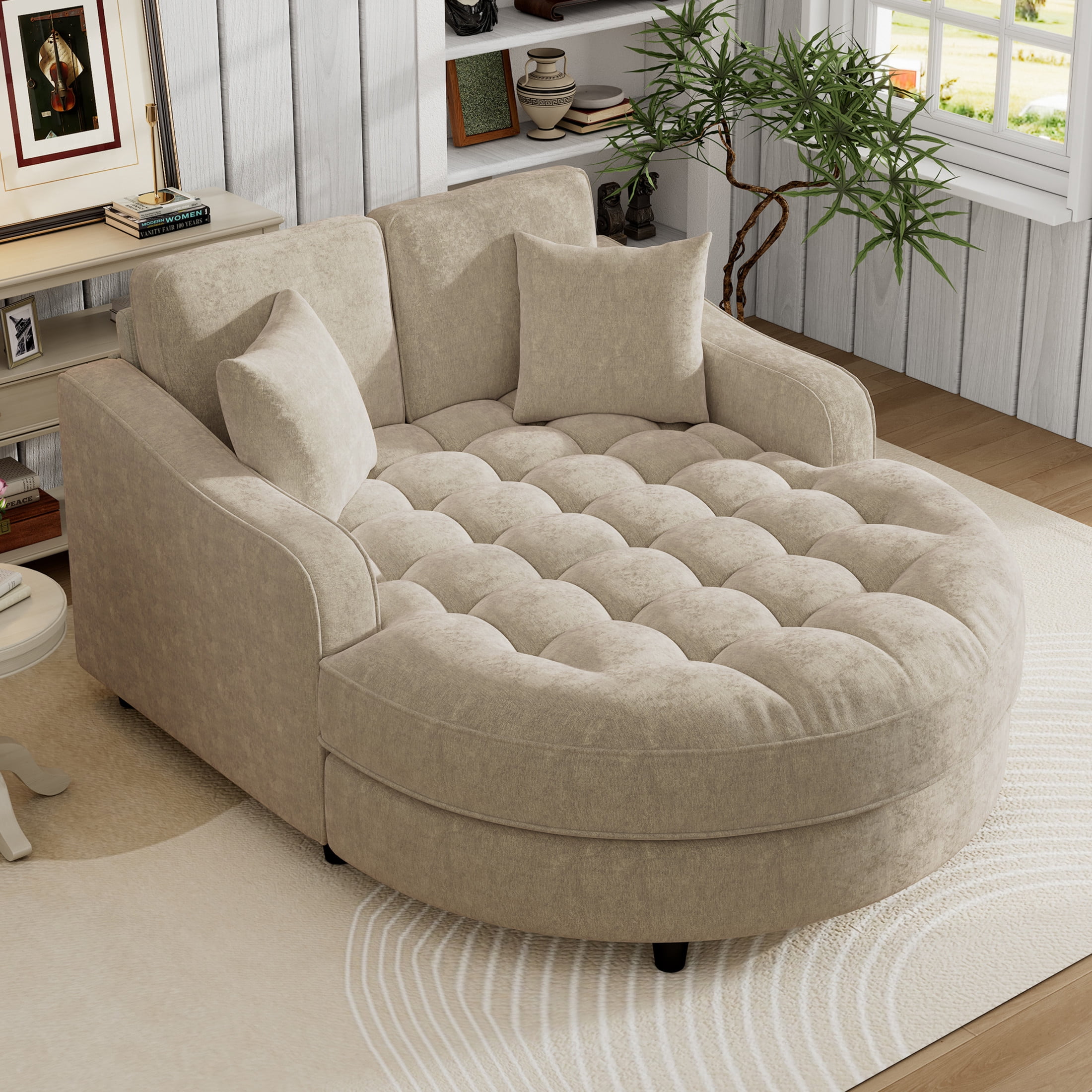 Christopher Knight Home 51" Modern Chaise Lounge Sofa Bed, Tufted Chenille Couch with Pillows, Champagne