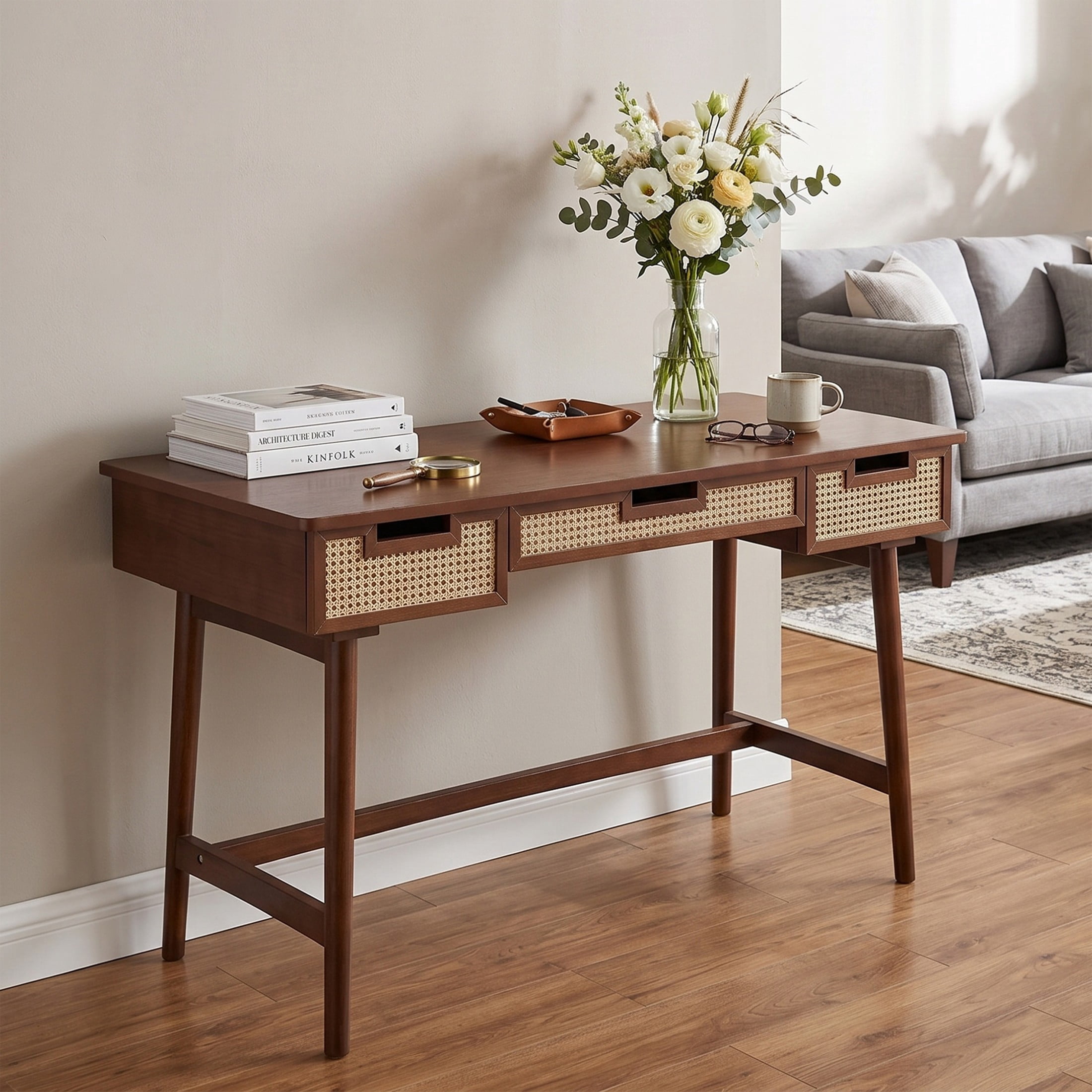 Christopher Knight Home 51" Writing Desk with 3 Rattan Drawers, Wood Vanity Workstation, Brown