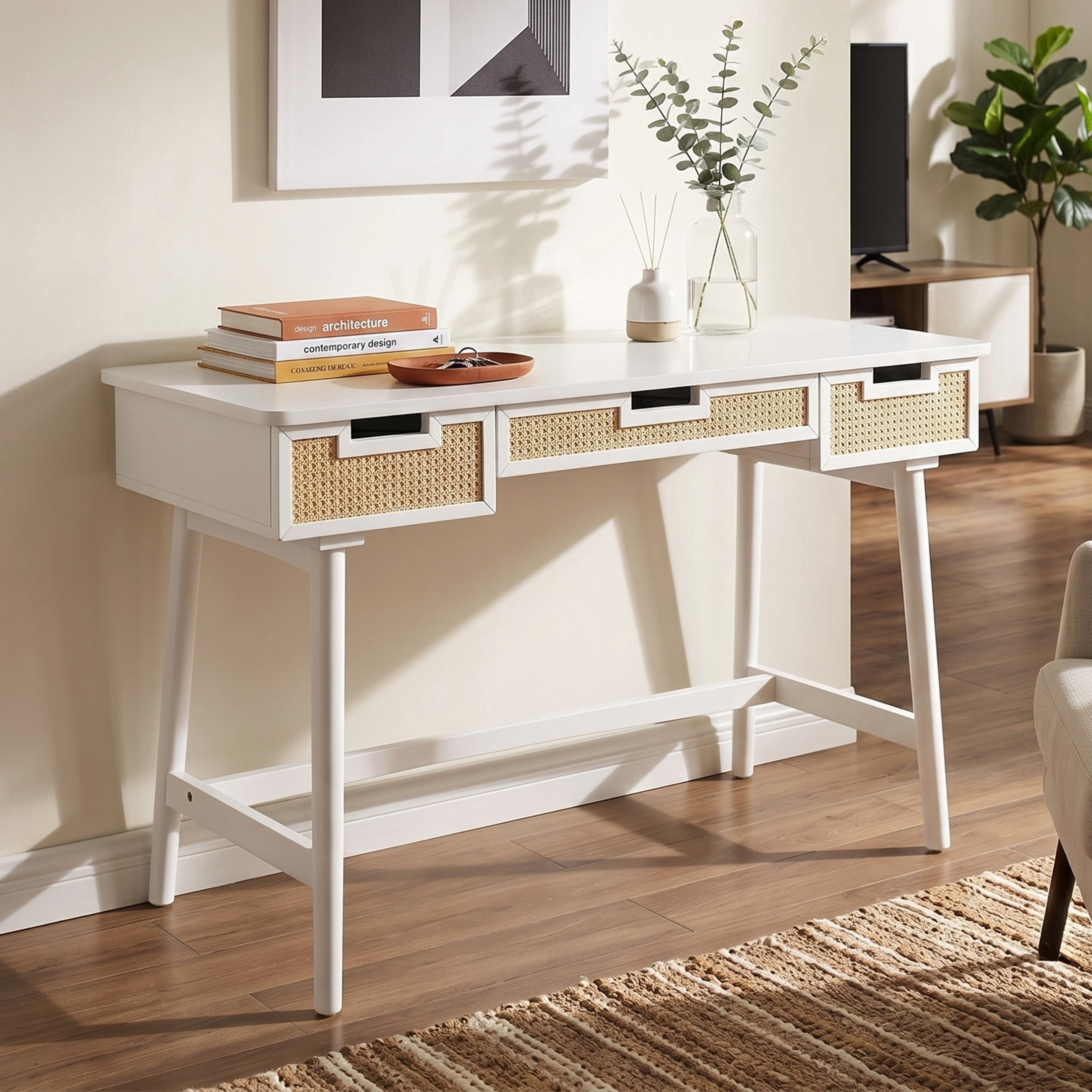 Christopher Knight Home 51" Writing Desk with 3 Rattan Drawers, Wood Vanity Workstation, White