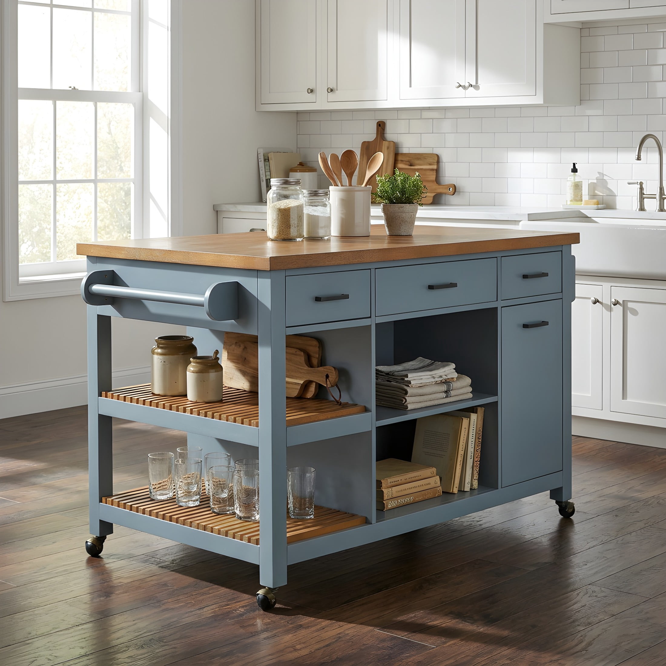 Christopher Knight Home 52" Modern Kitchen Island Cart with Wood Top, Storage Cabinet, Blue Gray