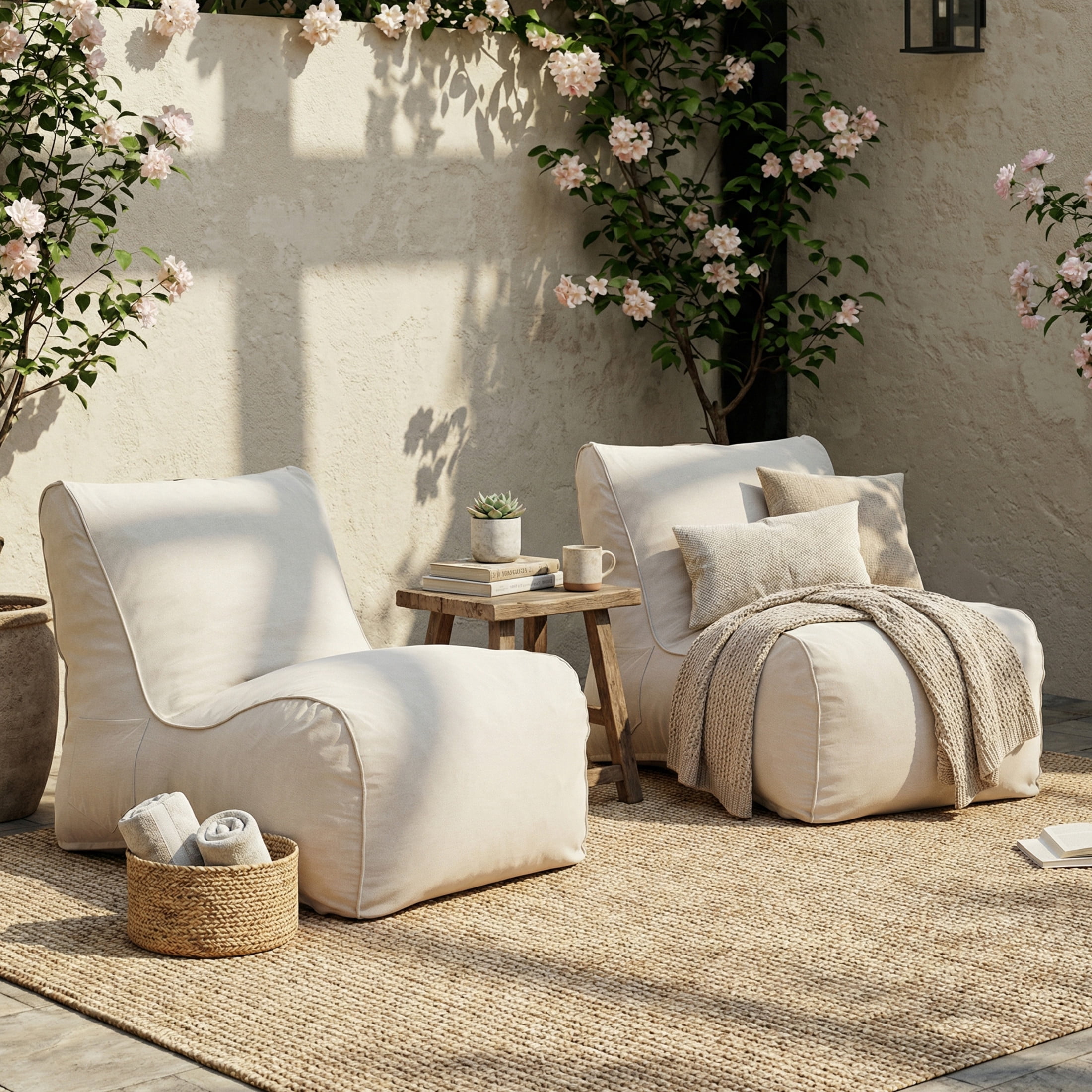 Christopher Knight Home 52" Outdoor Patio Bean Bag Chair, Shredded Foam Fill Lounger, Beige, Set of 2