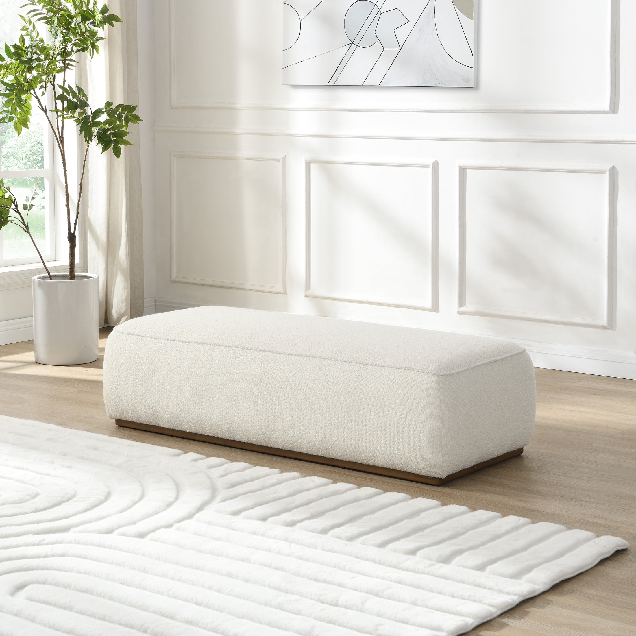 Christopher Knight Home 52" Rectangle Ottoman Bench, Cotton Upholstered Footstool, Solid Wood Frame, Beige