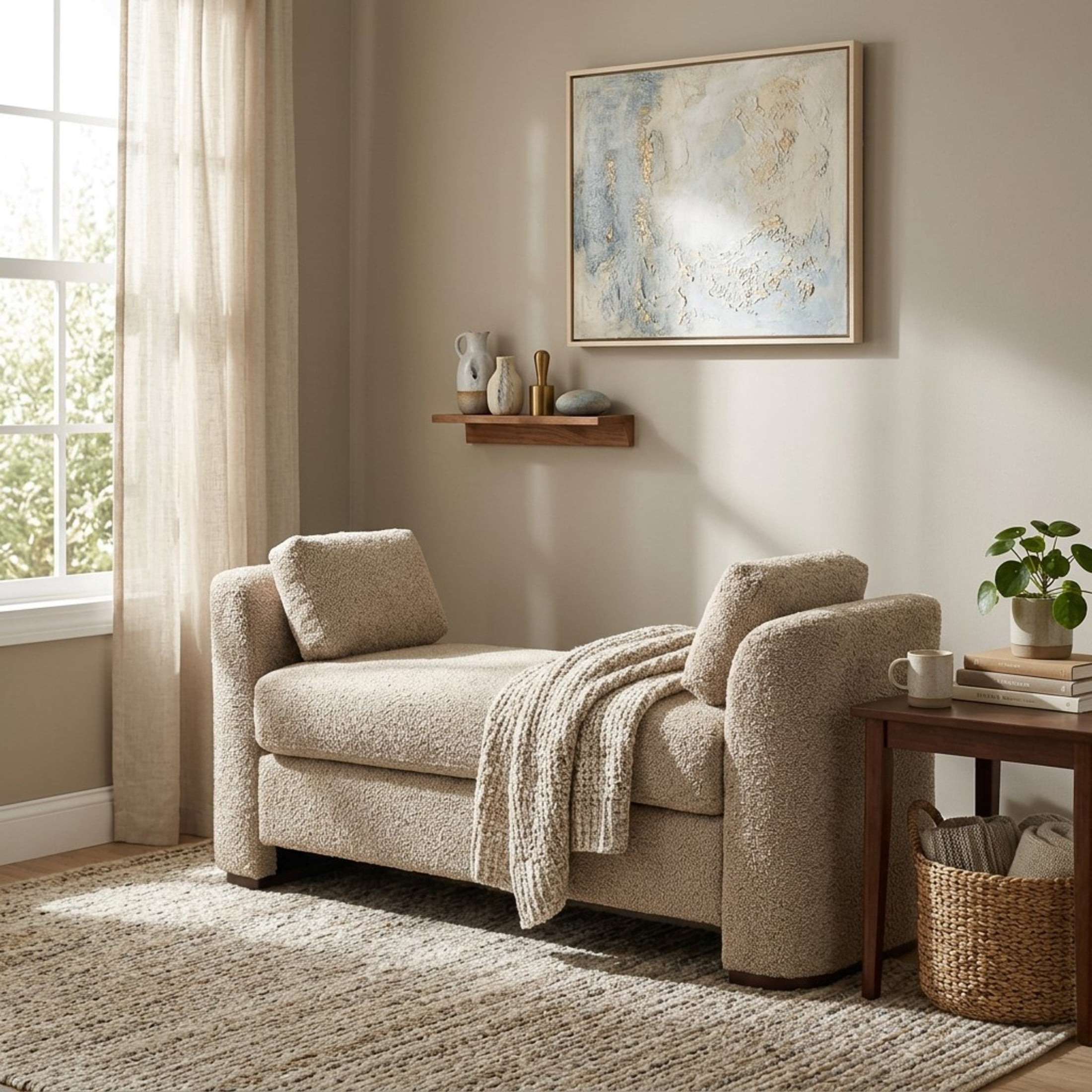 Christopher Knight Home 53.2" Modern Boucle Upholstered Bench with Pillows, Wooden Legs, Light Brown