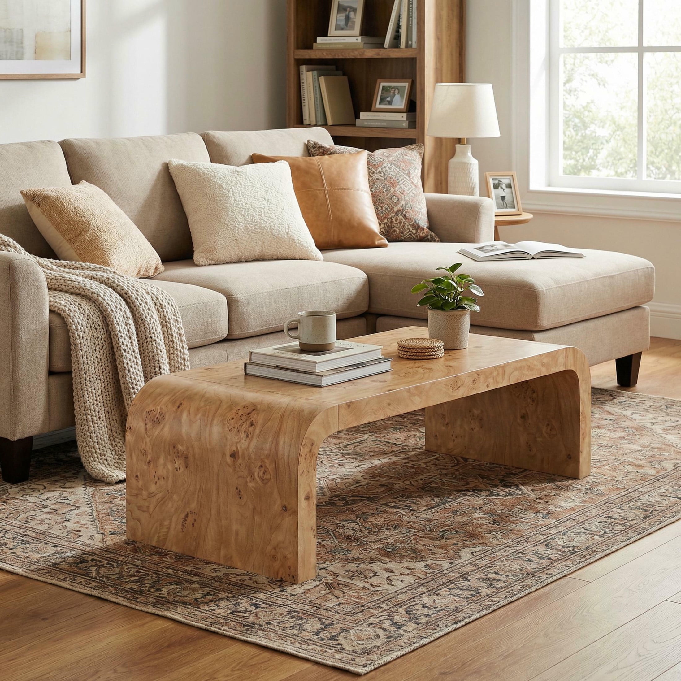 Christopher Knight Home 53.7" Waterfall Coffee Table with Burl Veneer, Curved Edges, Natural